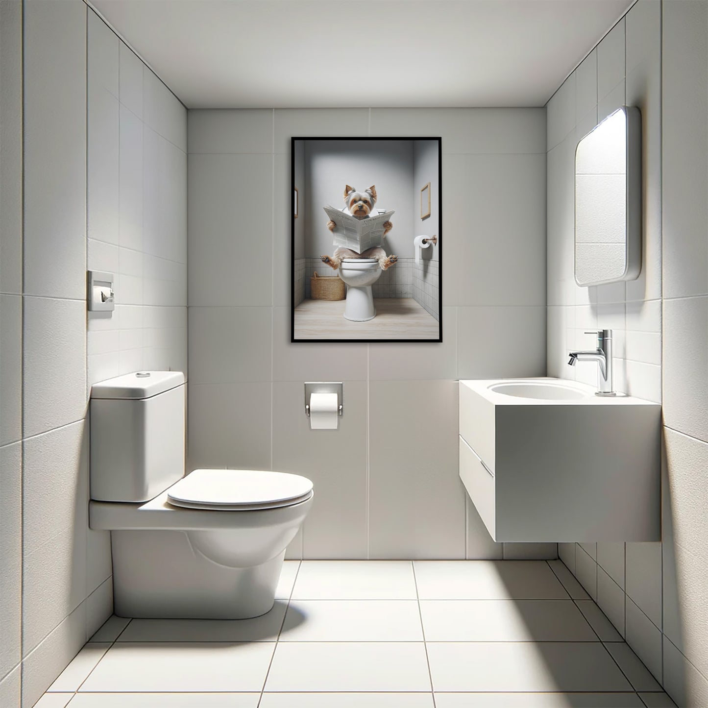 Poster Yorkshire lisant le journal sur les toilettes, Décoration Humoristique WC, Cadre Salle de bain, Idée Cadeau Fun