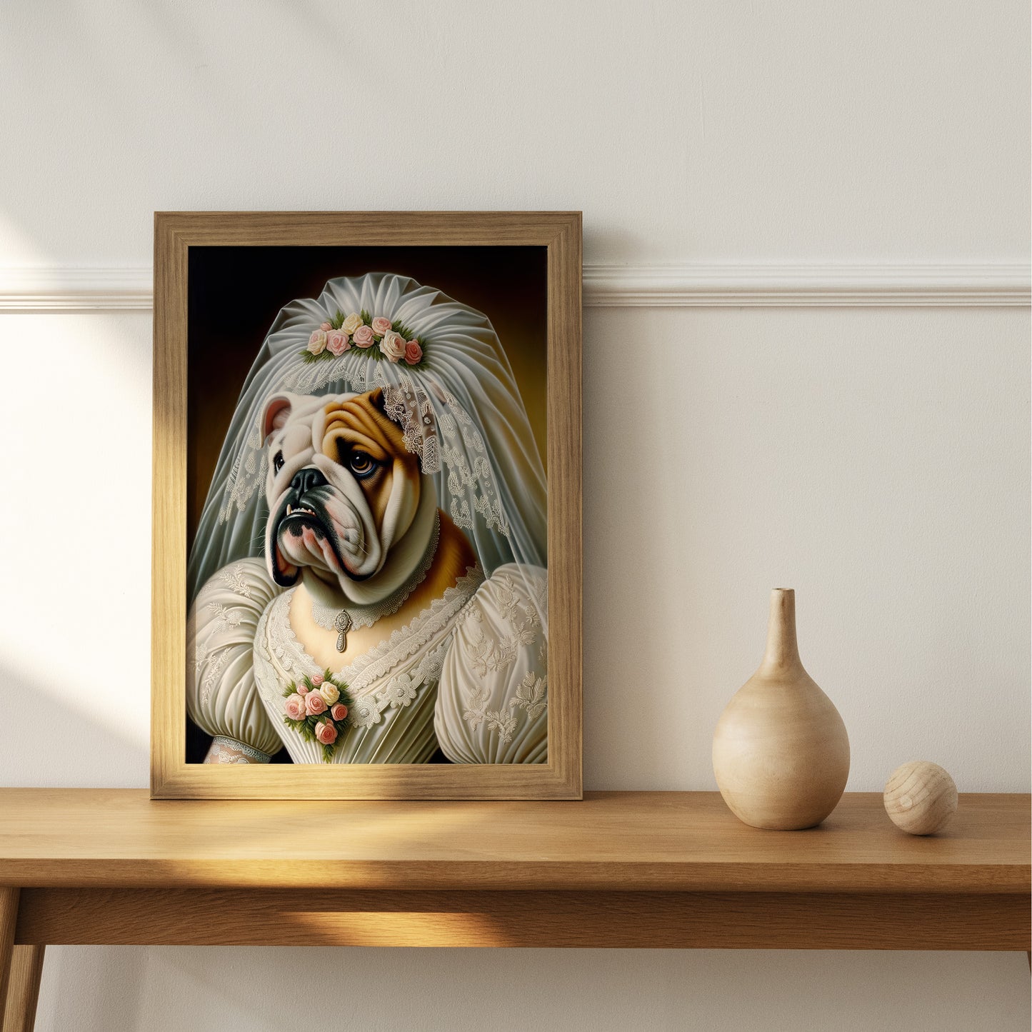 Poster Bouledogue Anglais en Robe de Mariée, Décoration Murale Animaux, Affiche Chien Mariage, Cadre Humour