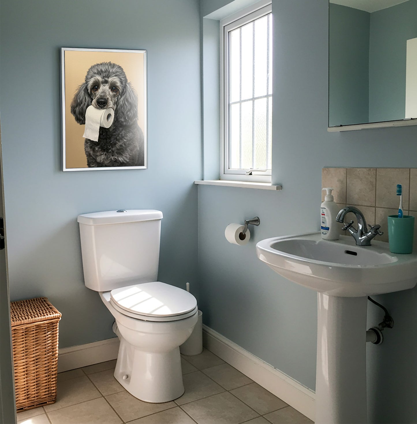 Poster caniche argenté au papier toilette en cadre blanc sur un mur bleu clair, près d'une fenêtre