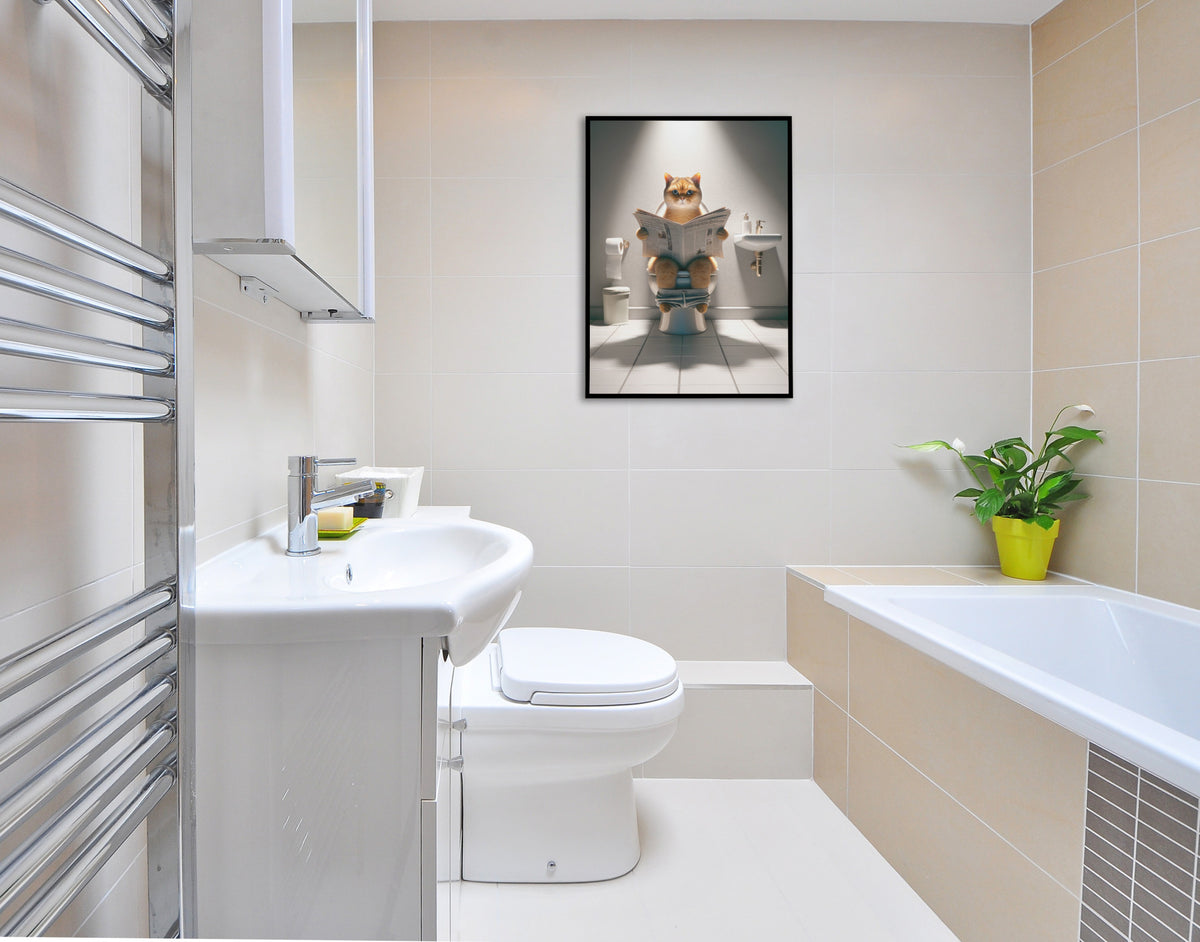 Golden shaded British Shorthair cat poster in a black frame above the sink, bathroom with bathtub