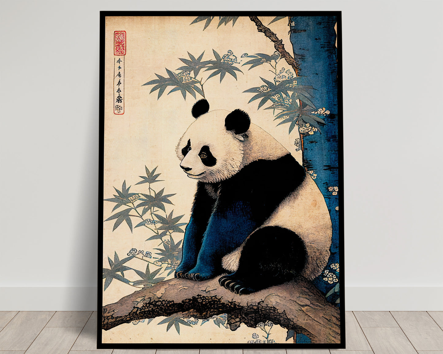 Panda sitting on a branch among bamboo, blue and cream tones with a red seal, woodblock style Balthazart Studio poster