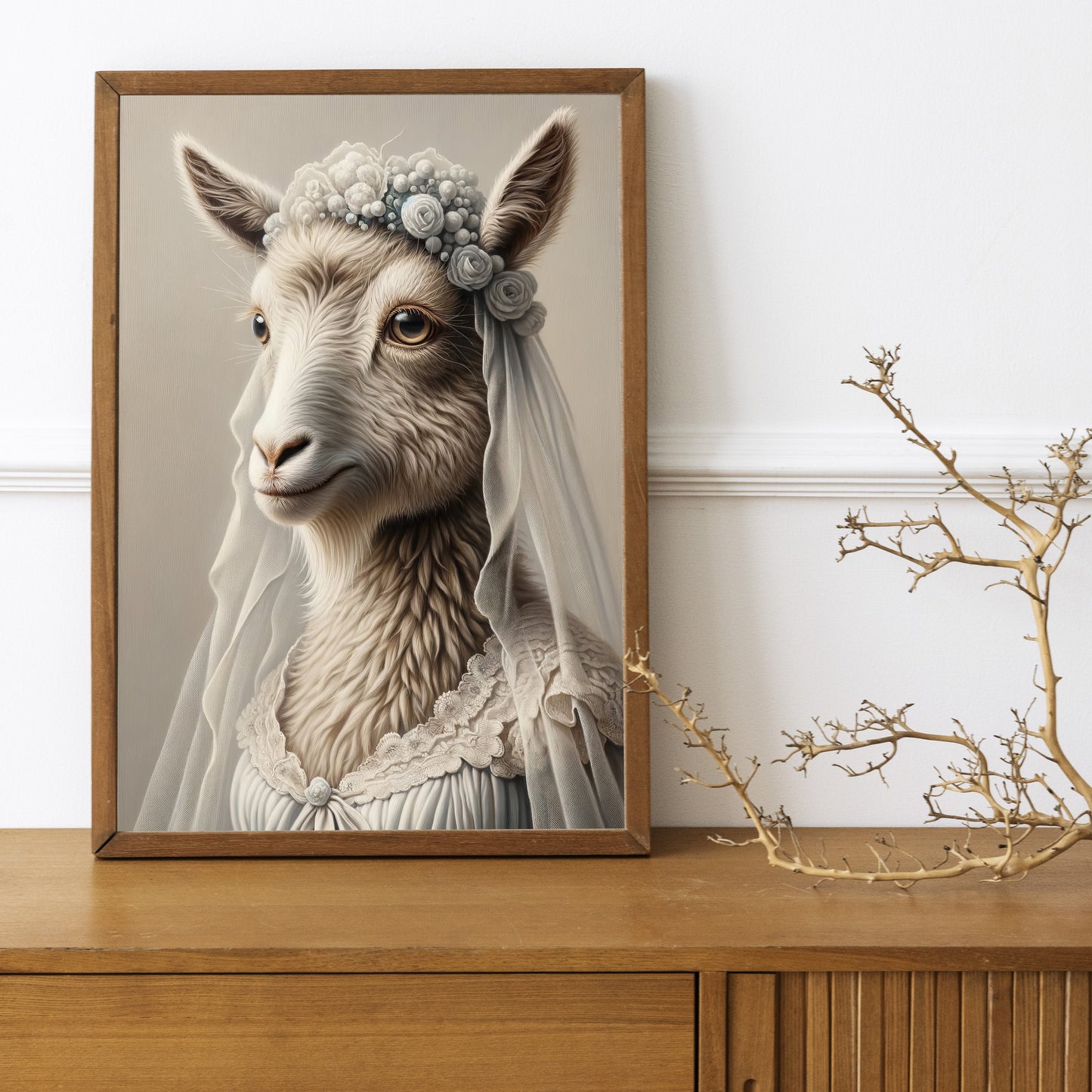 Dark wood frame with the sheep in a wedding dress poster on a dresser beside a dry branch