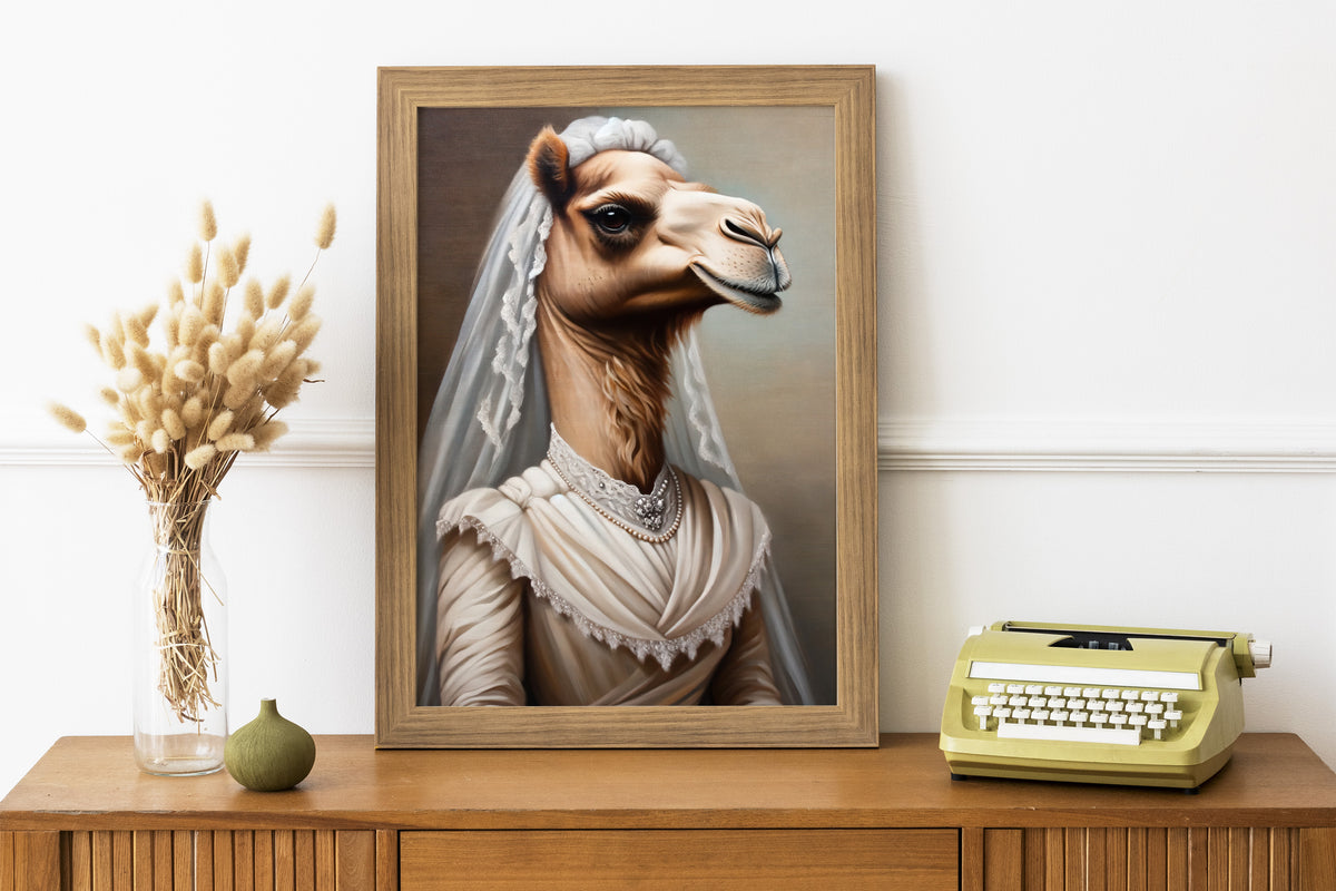 Camel bride poster in a natural wood frame on a sideboard with dried flowers and a typewriter