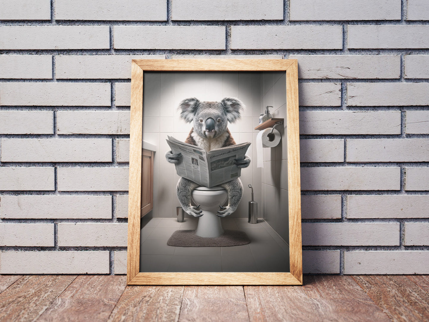 Poster of a koala reading on the toilet, natural wood frame leaning against a white brick wall