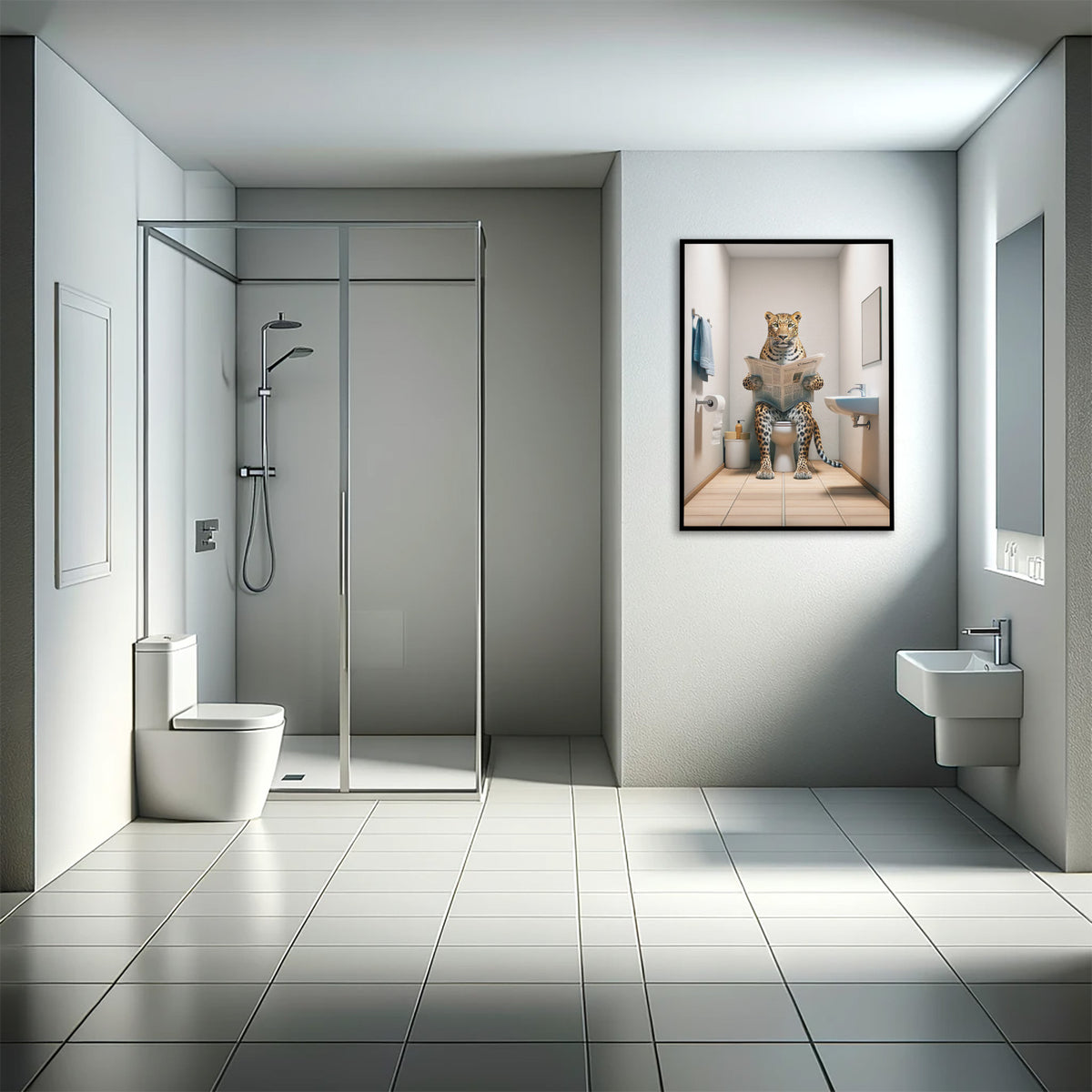 Poster humour salle de bain léopard lisant le journal, cadre noir près d'une douche en verre