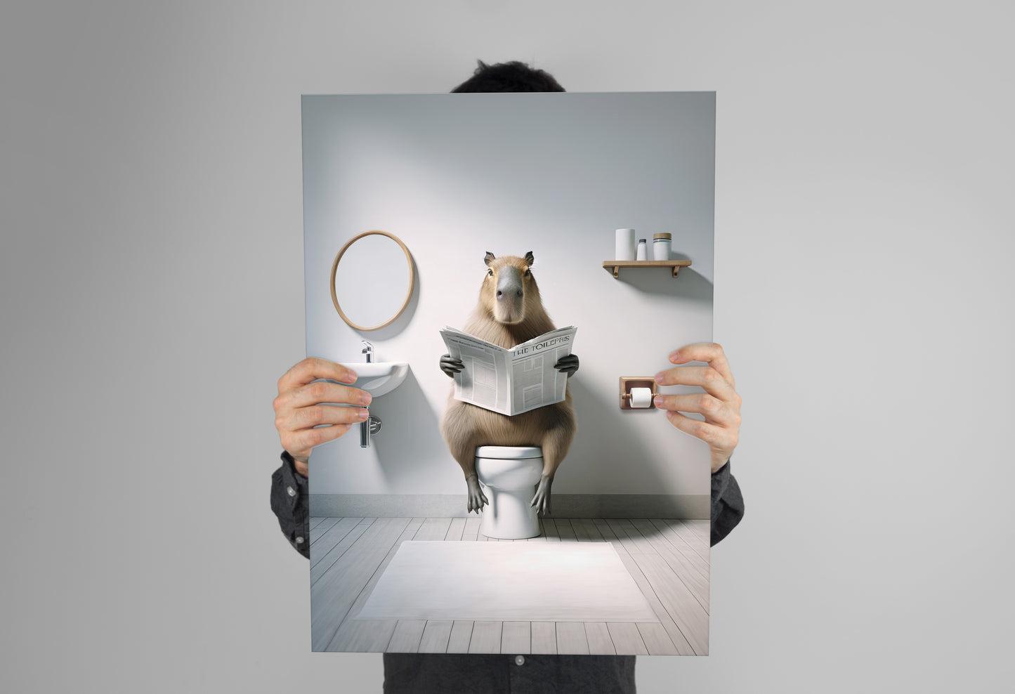 Poster capybara lisant le journal aux toilettes tenu à deux mains devant un mur gris
