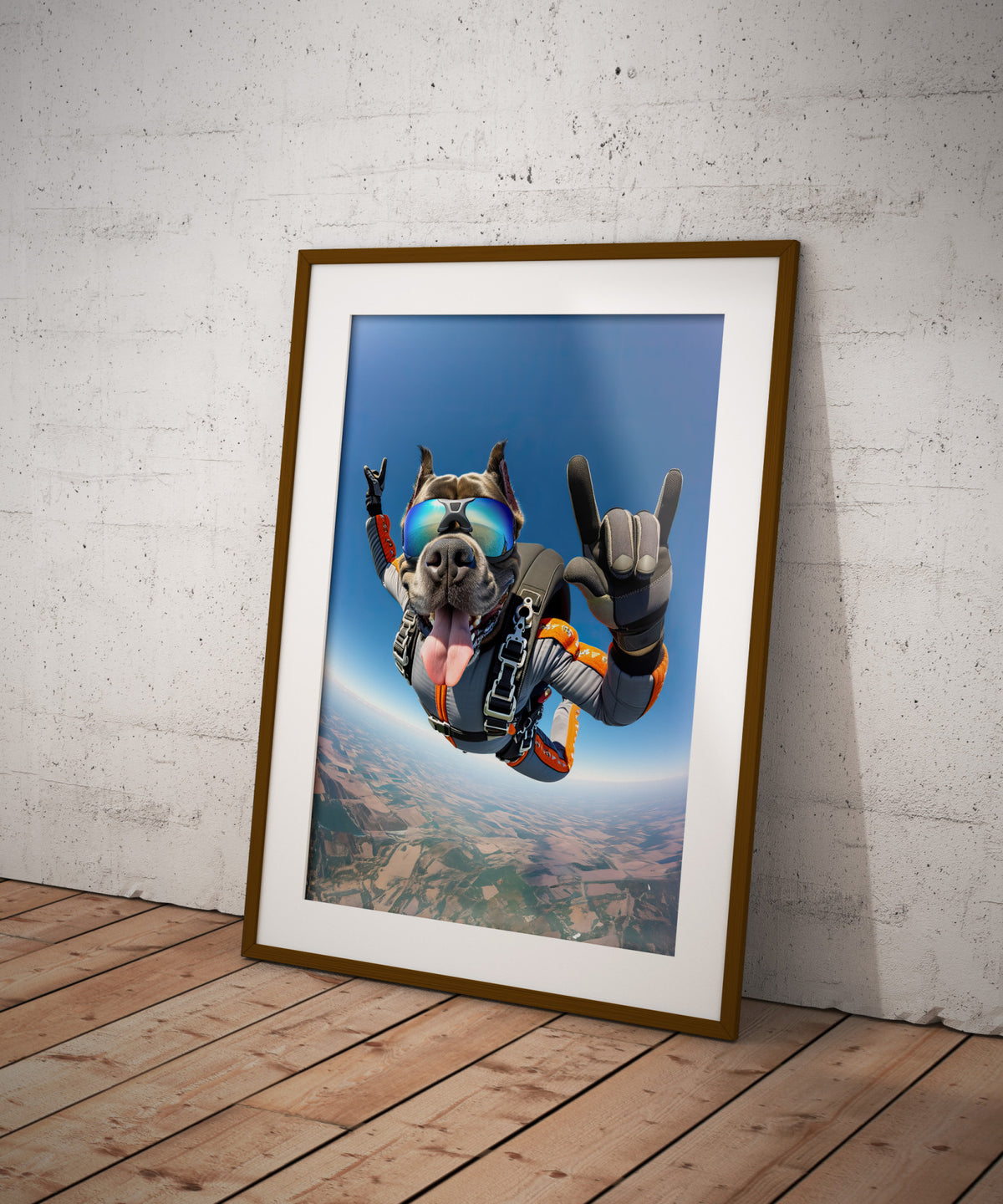 Poster Cane Corso en saut en parachute, cadre bois foncé et passe-partout blanc sur un parquet