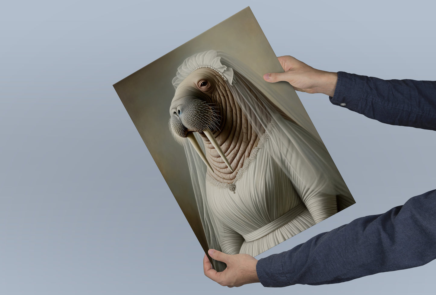Walrus bride poster held in both hands against a blue-gray background