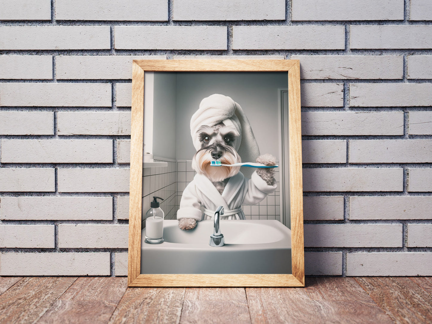 Poster drôle Schnauzer brossant ses dents en peignoir pour salle de bain – Affiche déco humour, cadeau original, cadre inclus