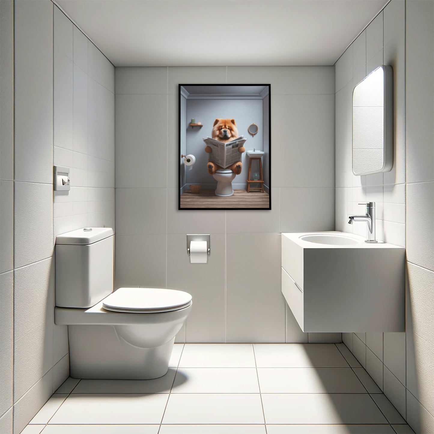 Chow Chow poster in a black frame hung above a wall-mounted toilet, white restroom