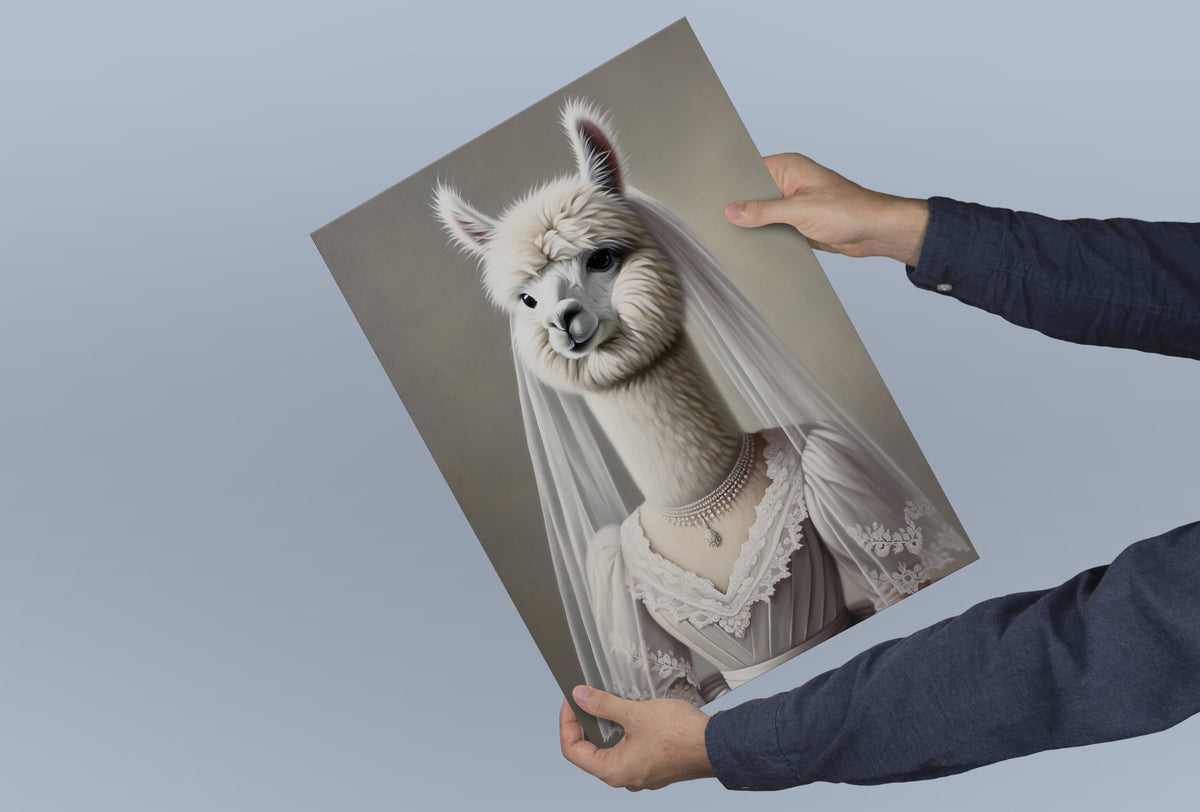 Affiche alpaga mariée tenue à deux mains devant un fond bleu-gris