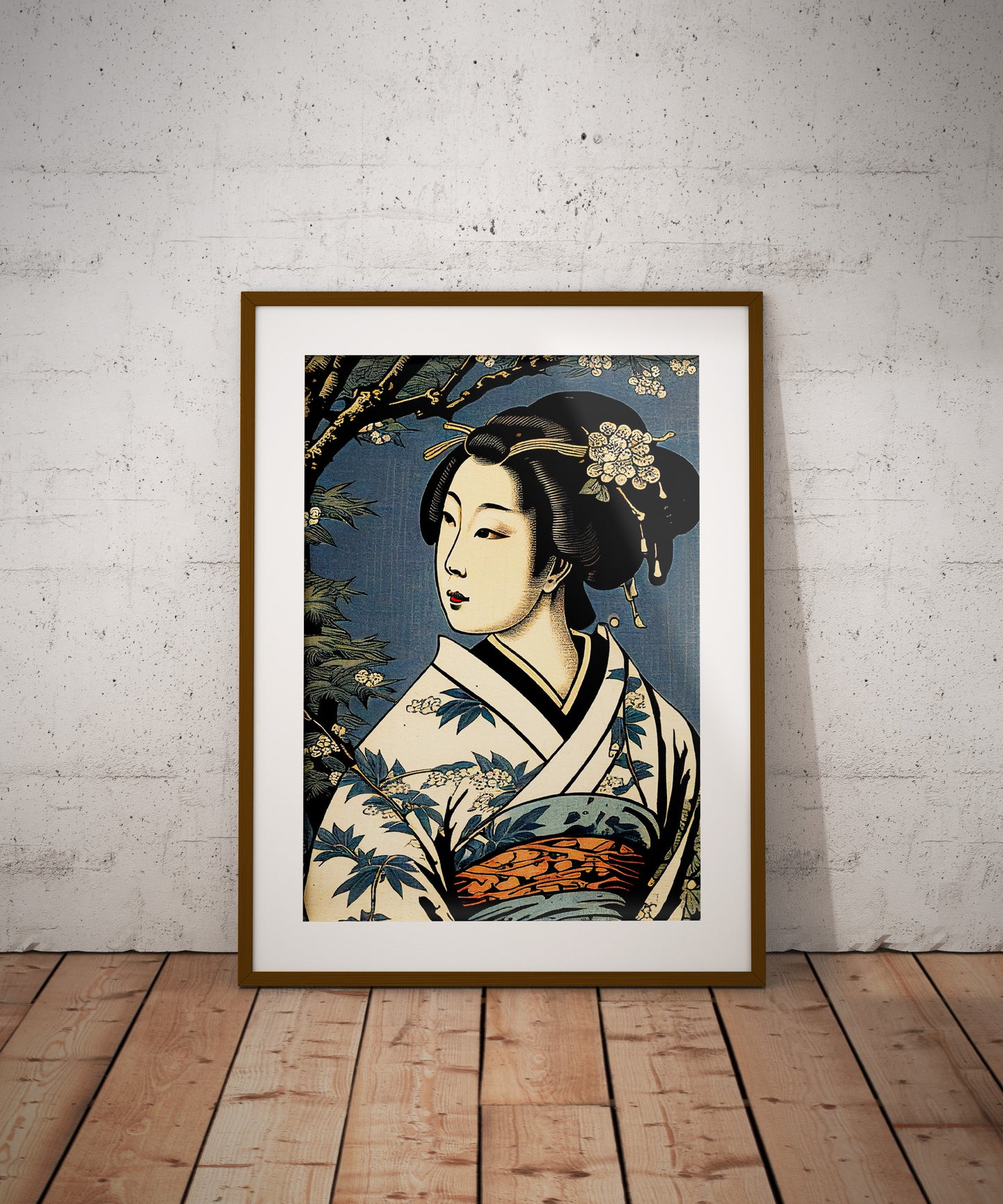 Poster geisha, cadre bois foncé et passe-partout, posé au sol contre un mur de briques