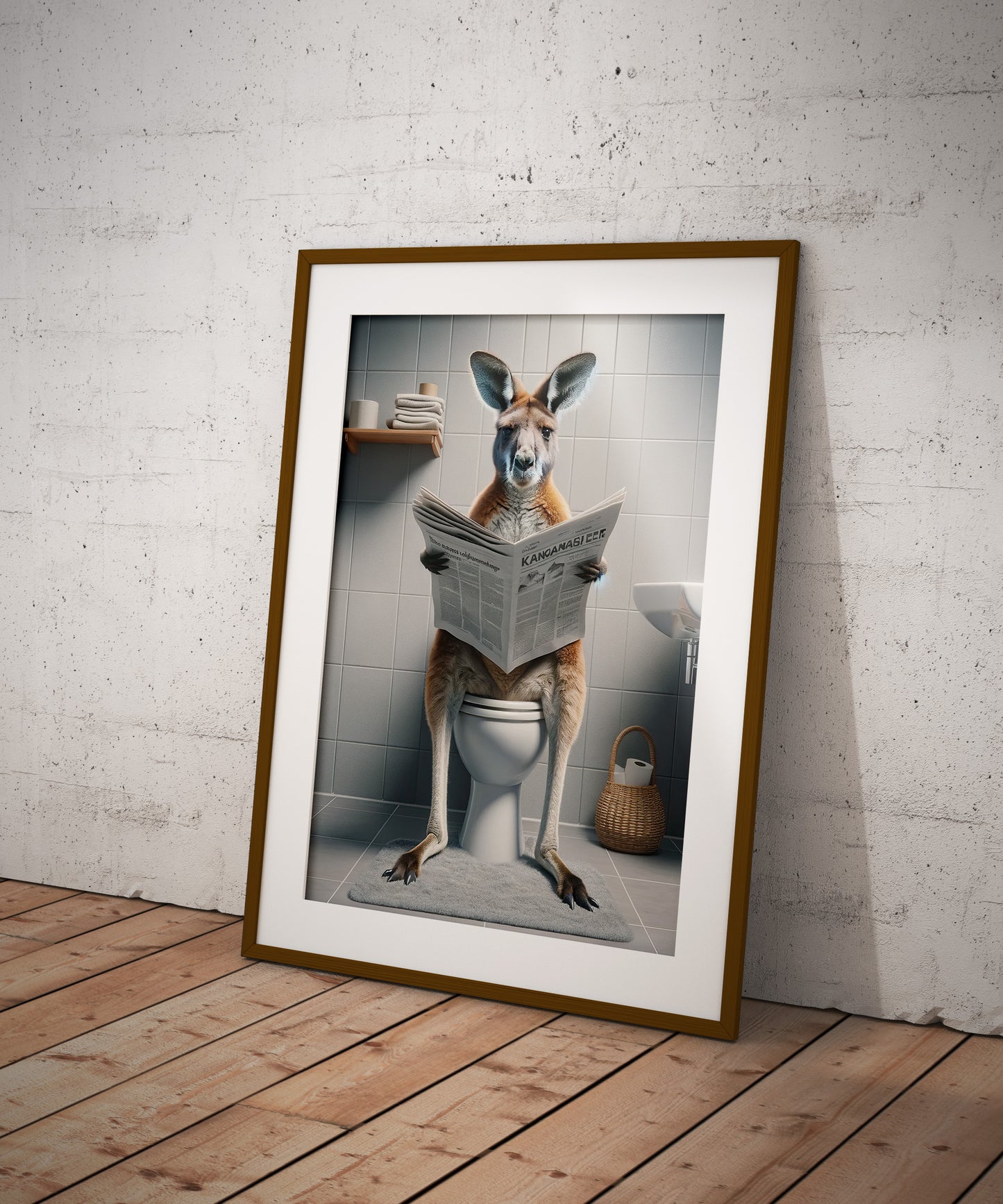 Funny kangaroo toilet poster, dark wood frame and white mat propped against a concrete wall