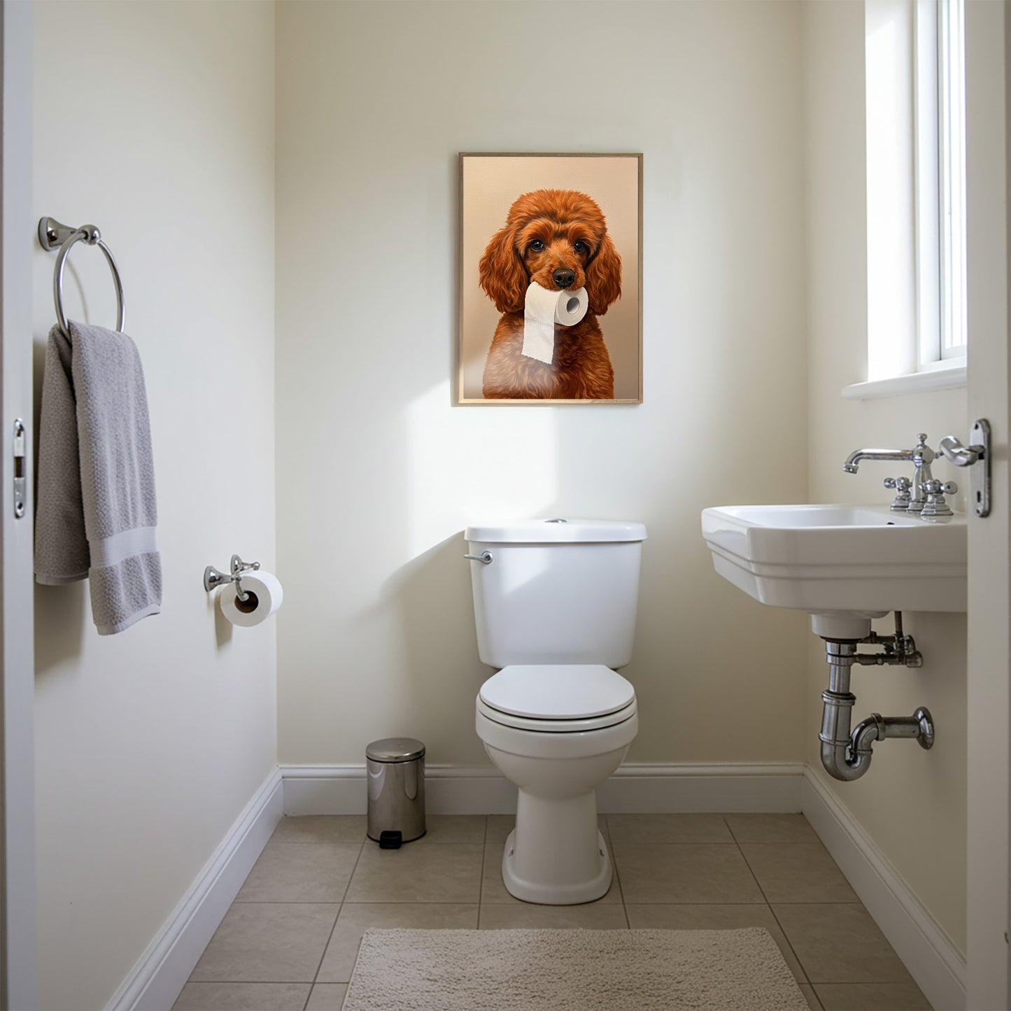 Poster chien caniche marrant pour toilettes – Affiche déco murale WC humoristique, idée cadeau original, encadrée ou non