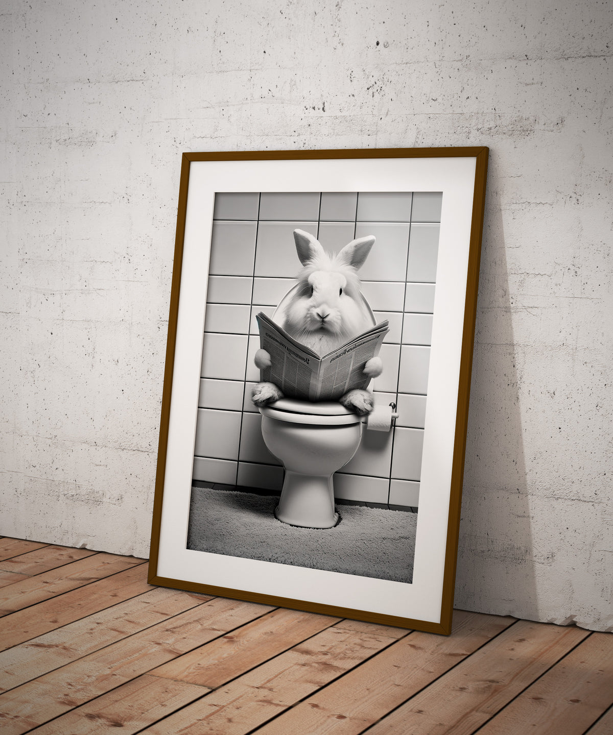 Poster lapin lisant le journal aux toilettes en cadre bois foncé et passe-partout, au sol contre un mur blanchi