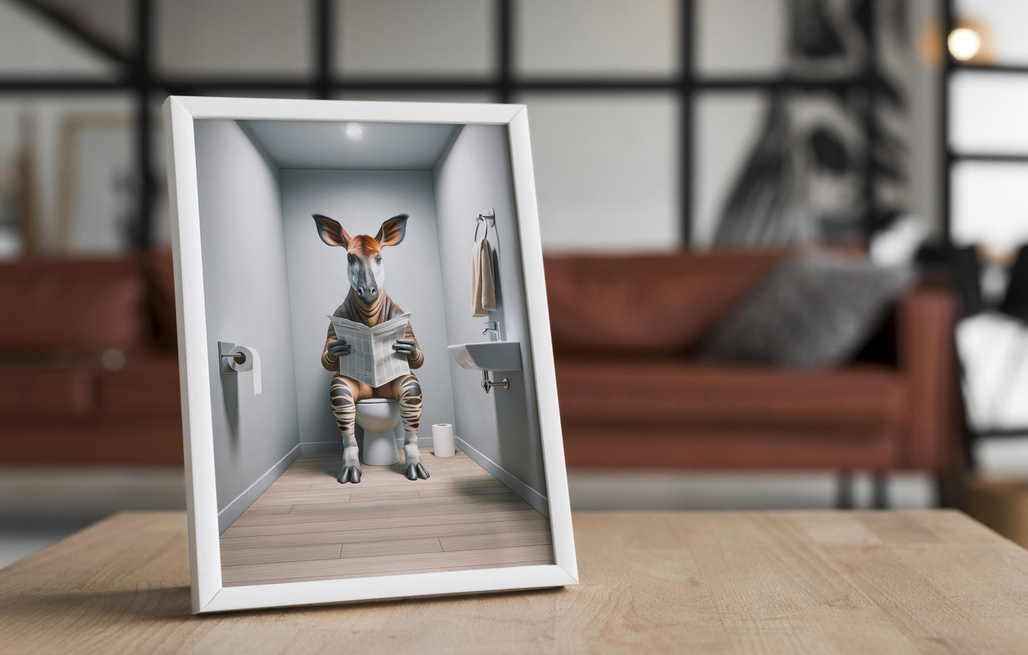 Funny Okapi Reading Newspaper Poster – Unique Bathroom Decor Wall Art, Gag Gift for Toilet/WC – Amusing Home Display