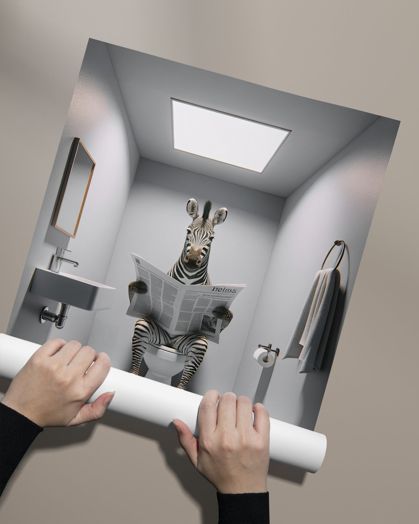 Poster Humoristique: Zèbre Lisant le Journal aux Toilettes, Déco Salle de Bain, Cadeau Amusant, Affiche Originale