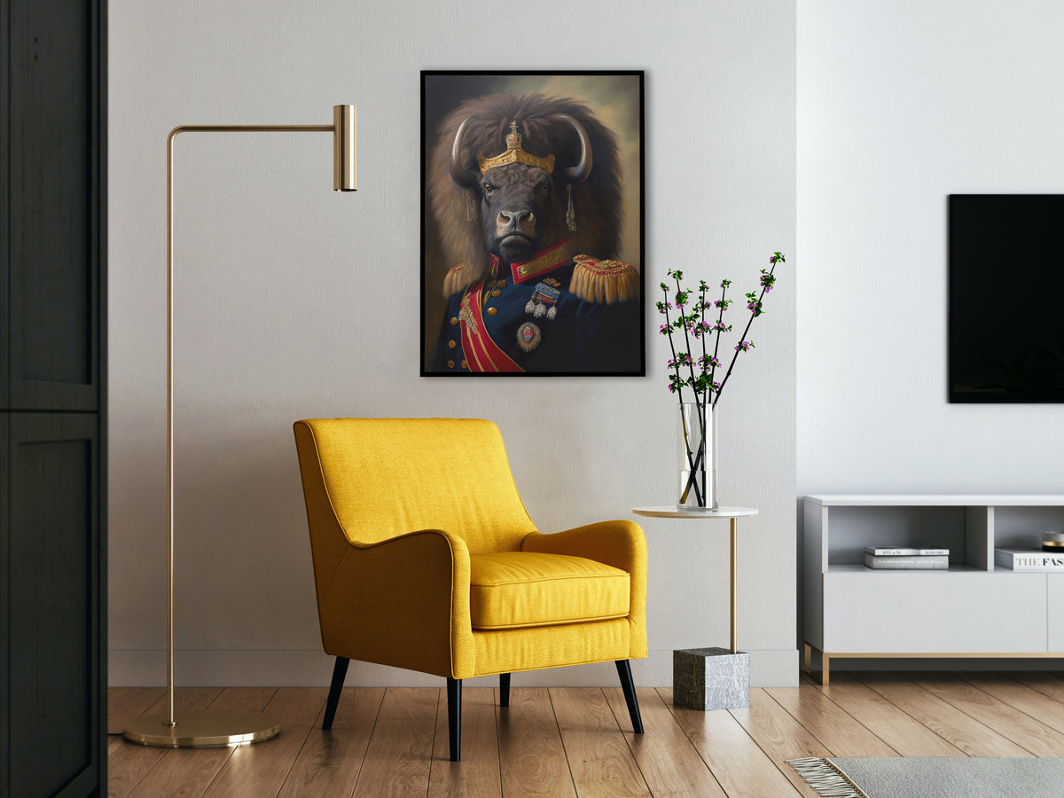 Buffalo in military uniform poster in a black frame above a yellow armchair next to a brass floor lamp