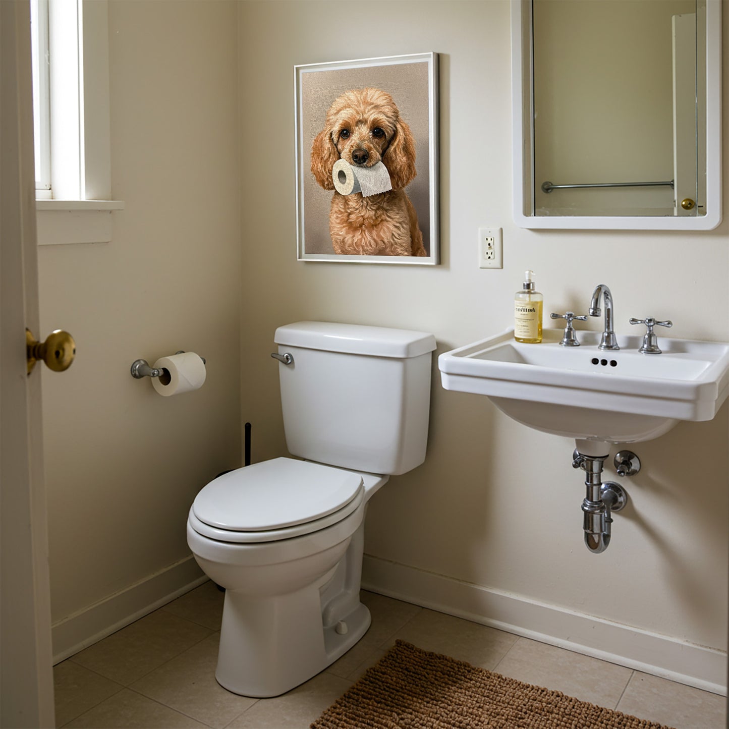 Poster chien caniche drôle pour toilettes – Cadeau original WC, affiche murale encadrée, déco murale, cadeau chien crème