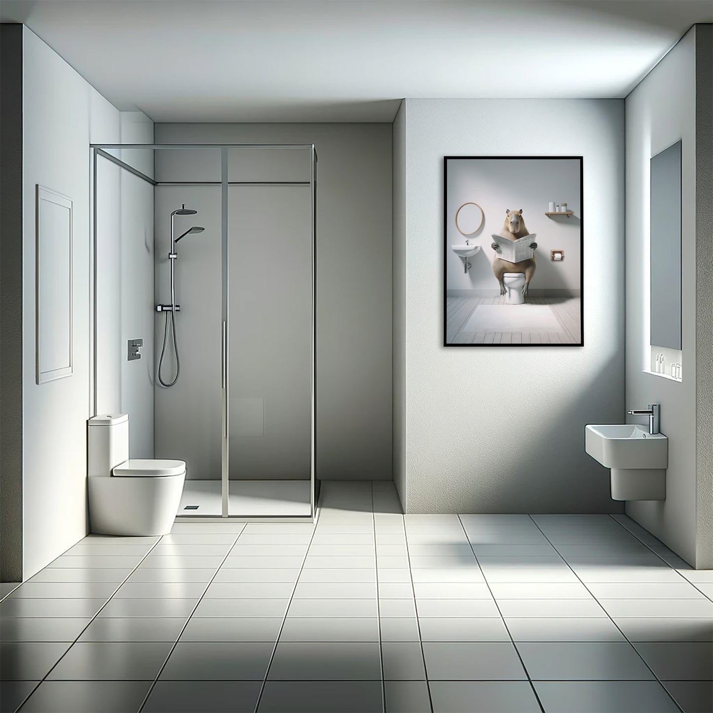 Poster capybara lisant le journal aux toilettes en cadre noir dans une salle de bain avec douche à l'italienne