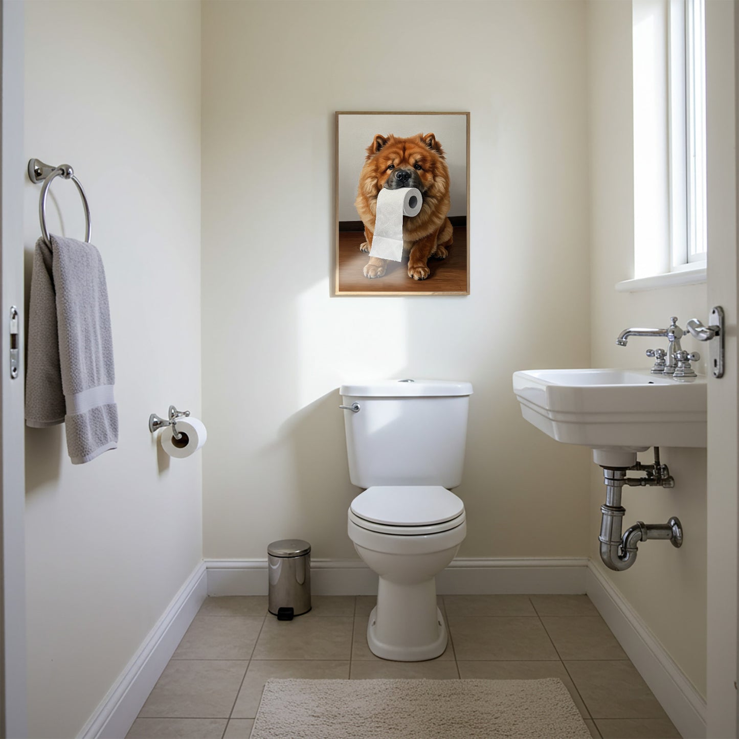 Poster chien Chow-Chow humour pour toilettes – Décoration murale WC, idée cadeau, affiche encadrée ou non, art original