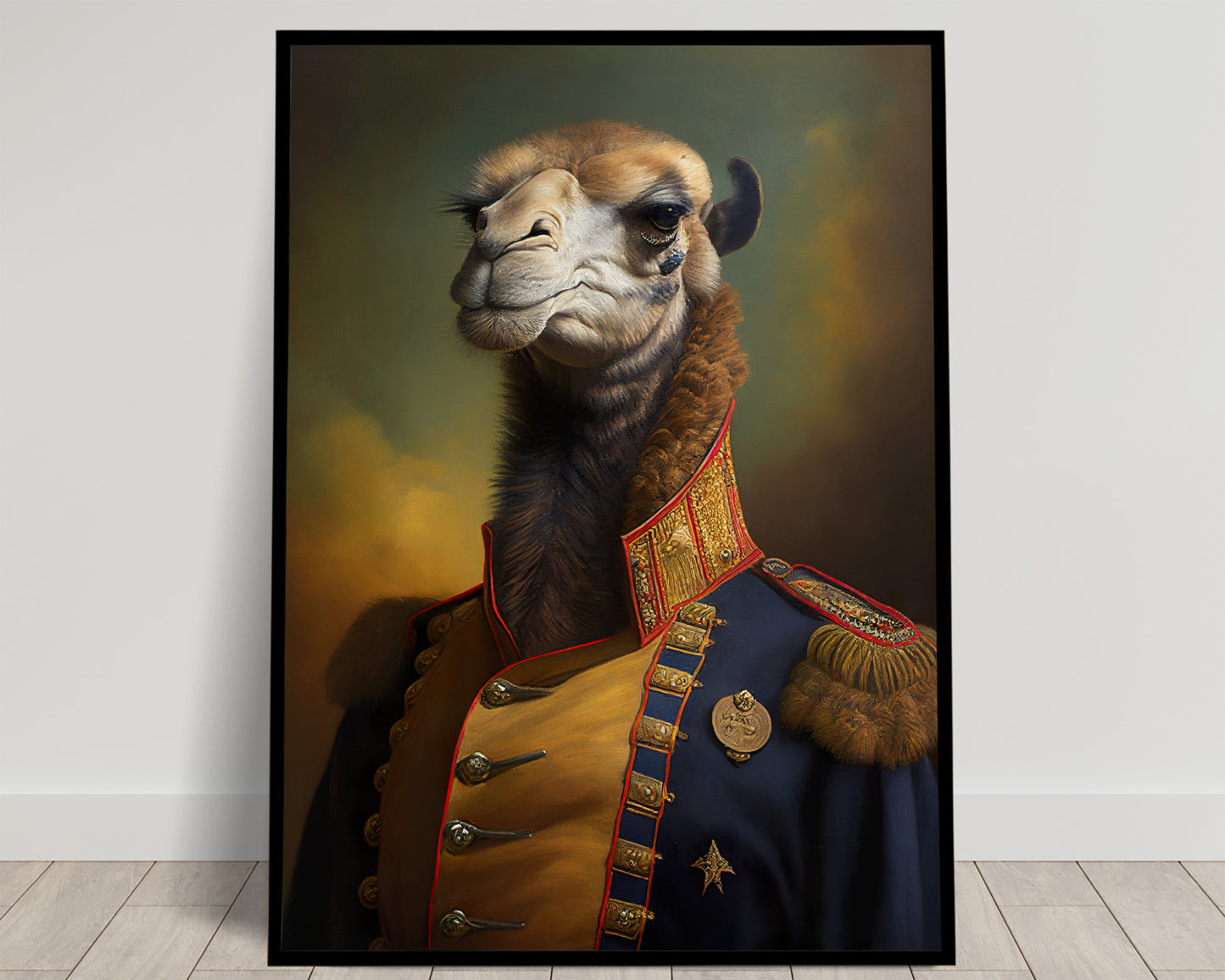 Portrait d'un chameau en uniforme bleu et jaune à liserés rouges et épaulettes dorées, ciel doré, poster Balthazart Studio