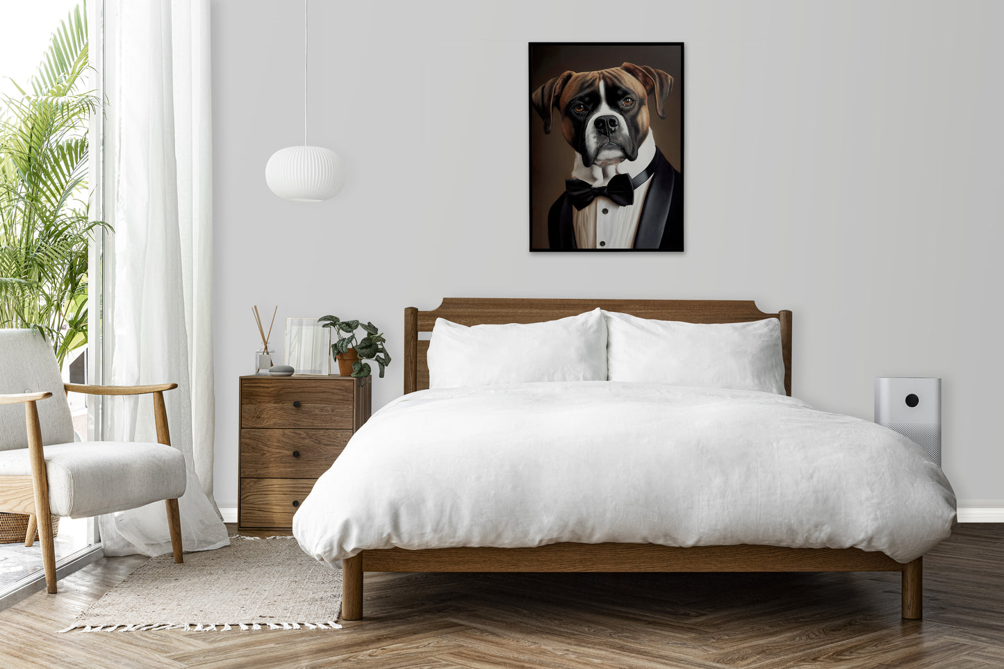 Boxer in tuxedo poster above a bed with white linens in a bright bedroom