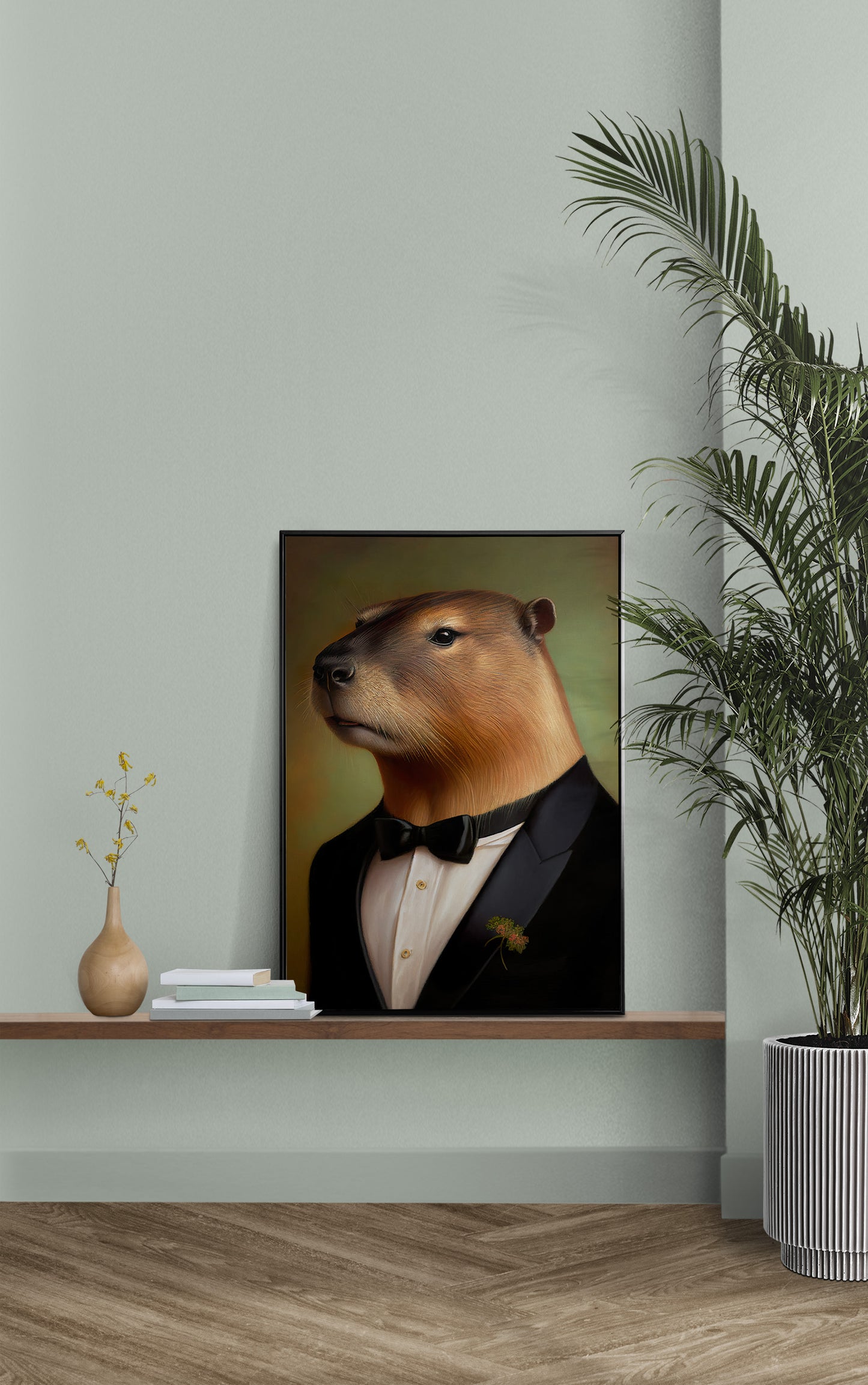 Capybara in tuxedo poster on a wall shelf with a sage green wall and a palm
