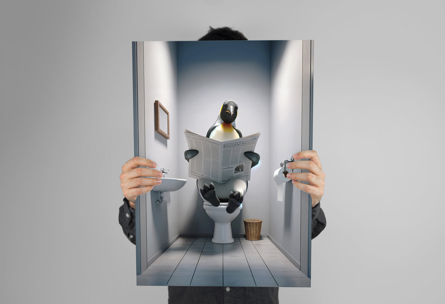 Poster Manchot empereur lisant le journal, Décor humour WC, Cadre déco Salle de bain, Poster Toilettes, Cadeau original