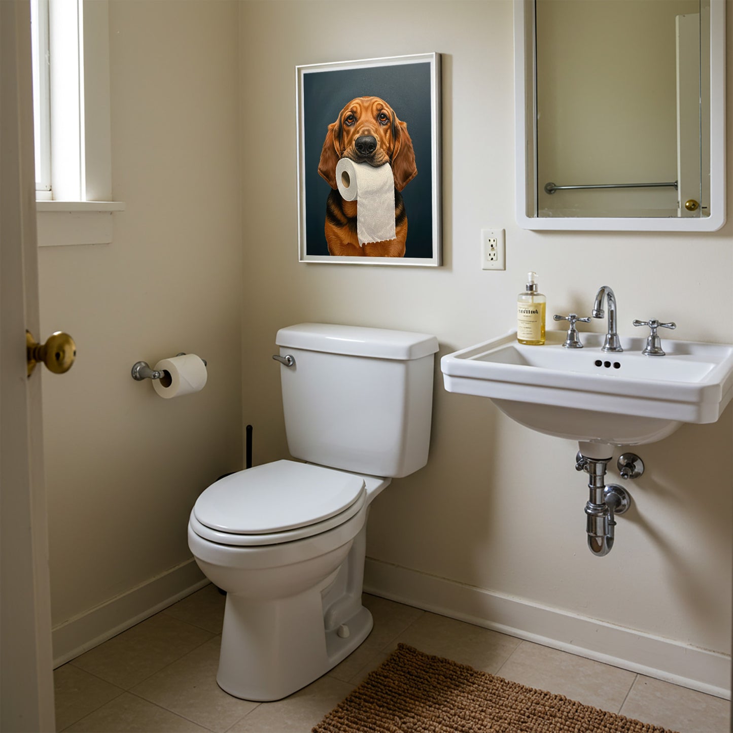 Poster chien de Saint-Hubert tenant un rouleau de papier toilette, encadré au-dessus des WC près du lavabo