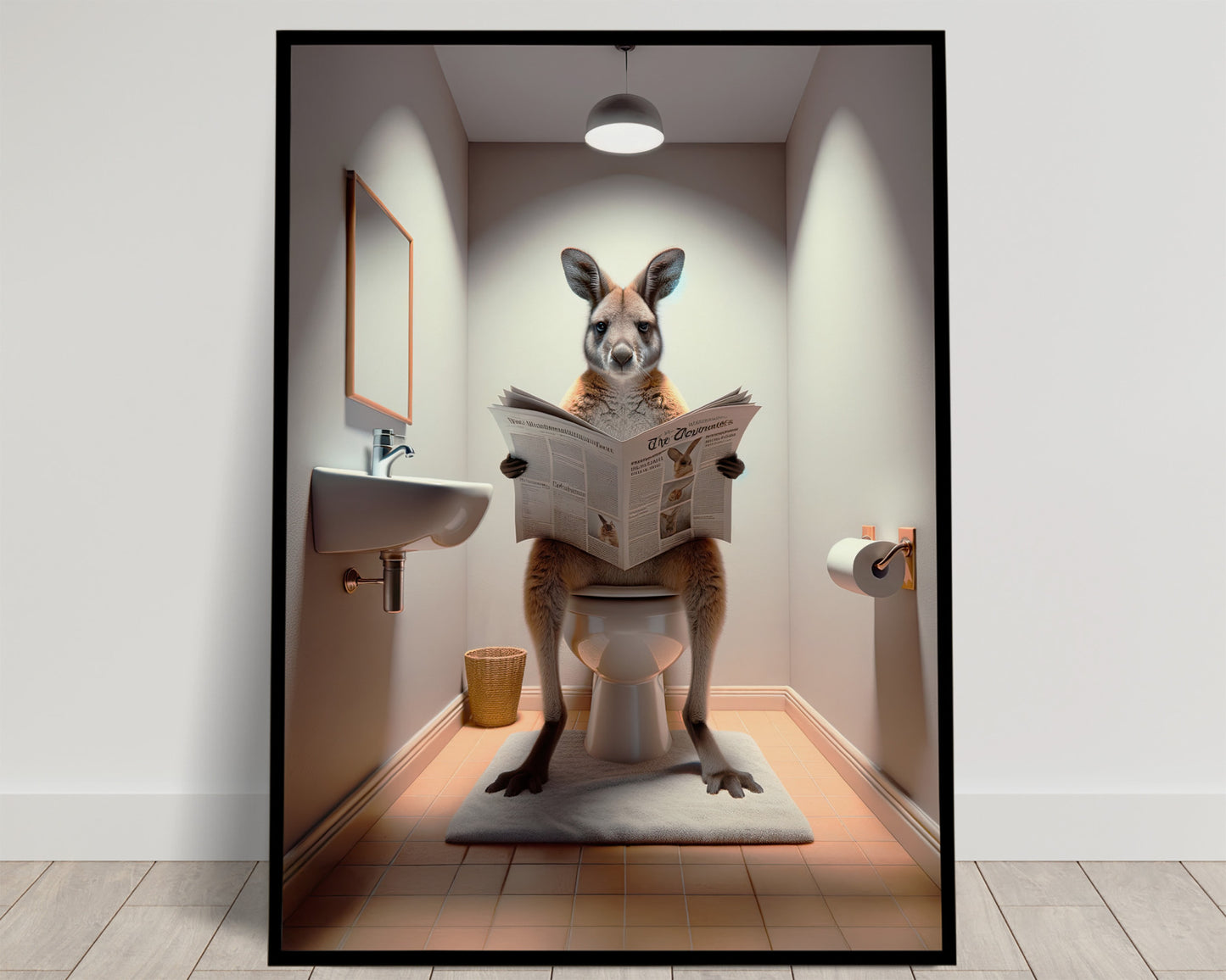 Wallaby Reading Newspaper Poster - Funny Bathroom Decor, Humorous WC Art, Unique Gag Gift, Toilet Wall Art