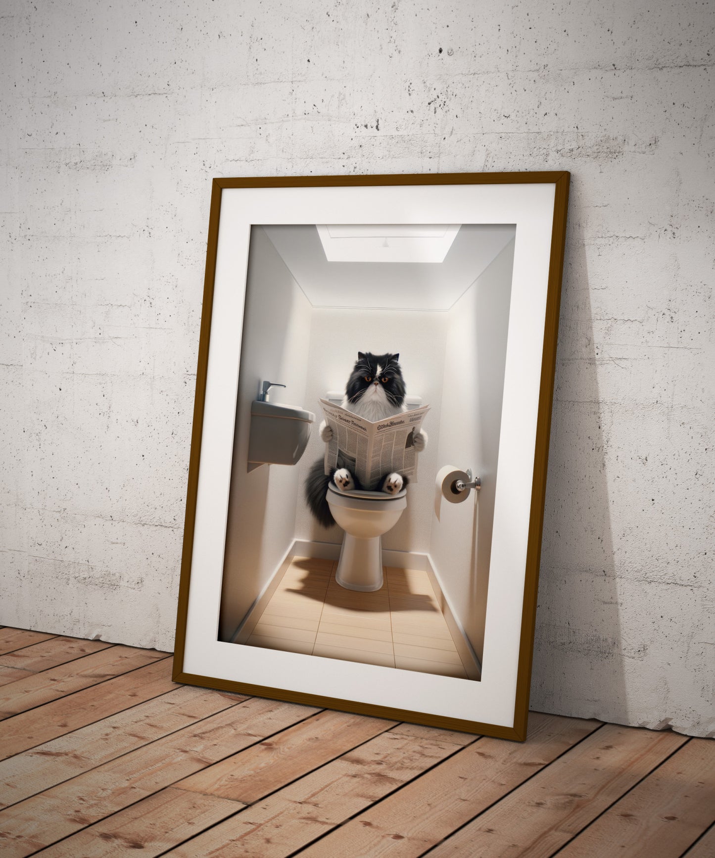 Affiche Humour : Chat Persan Noir et Blanc lisant aux Toilettes - Déco WC & Salle de Bain, Cadeau Rigolo pour Amateurs de Chats