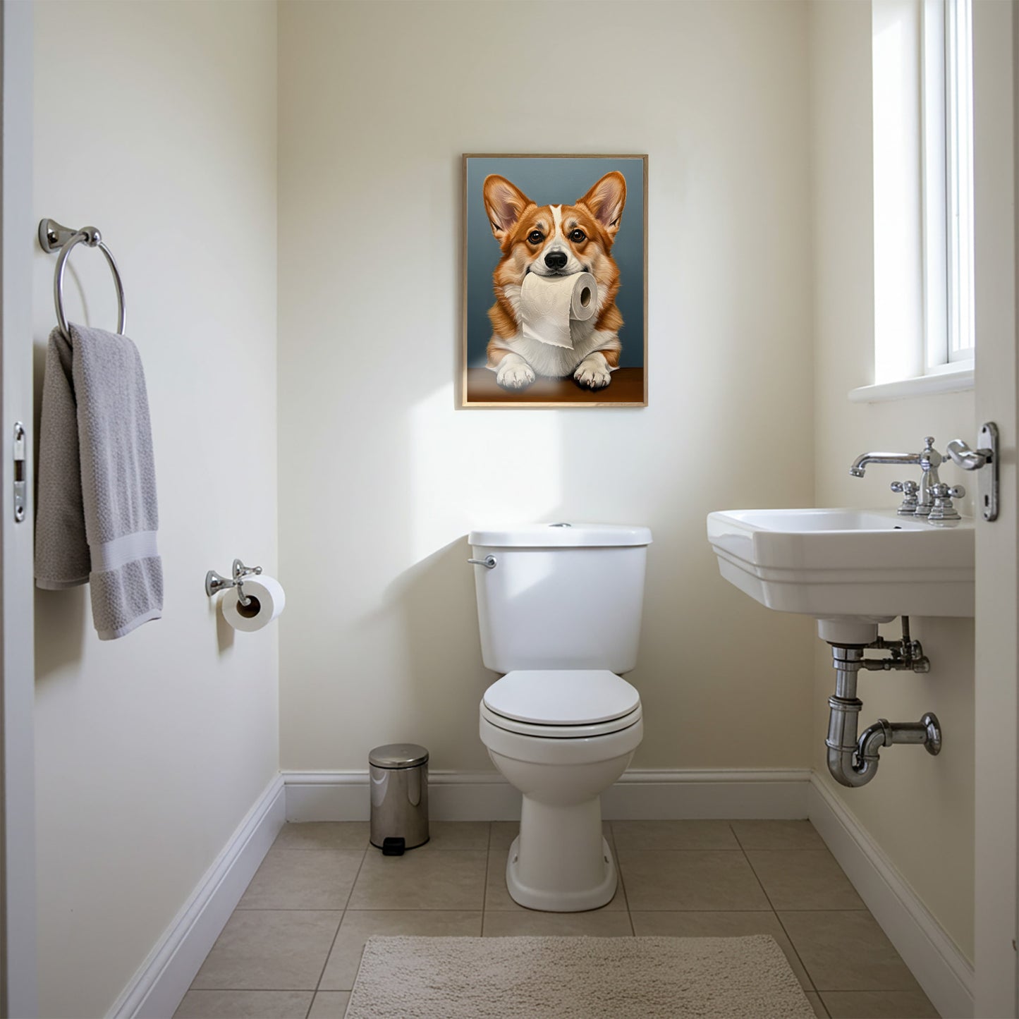 Poster Corgi drôle pour toilettes – Affiche murale humour WC, décoration originale, cadeau chien, encadrée ou non