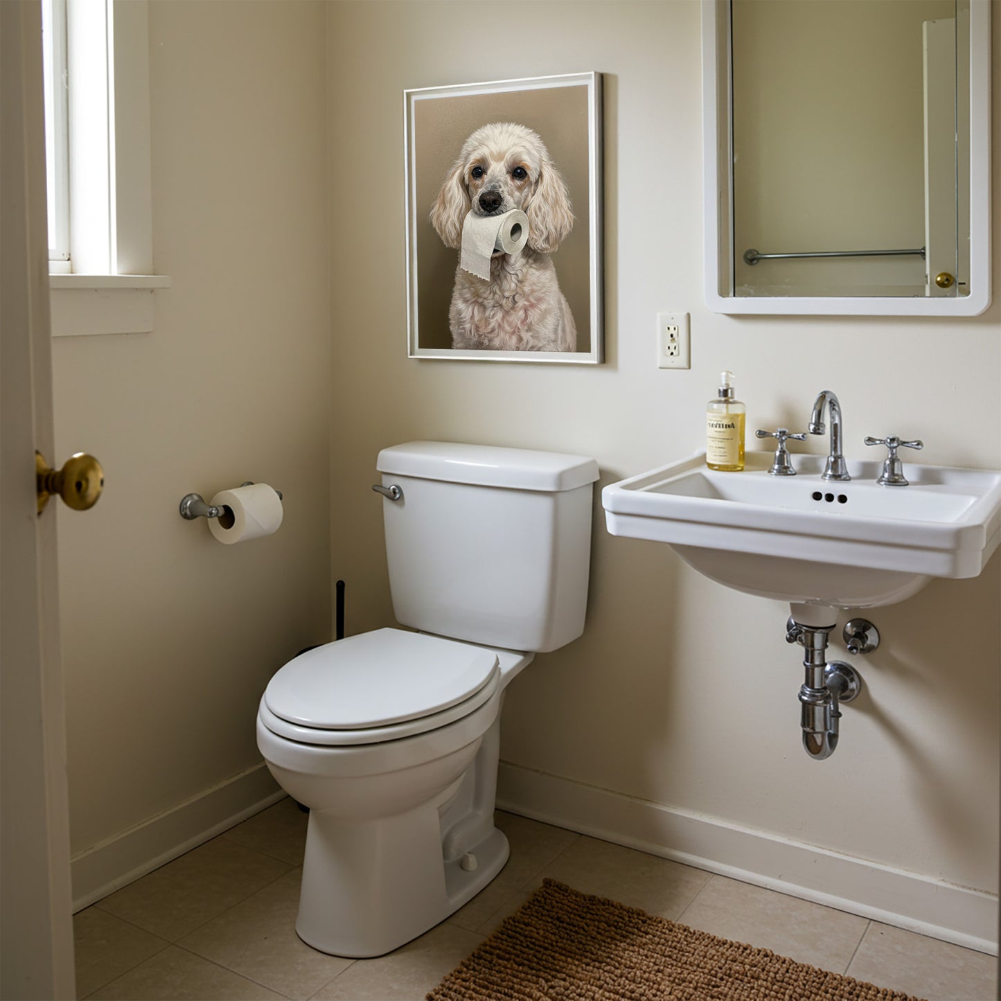 Toilettes beiges avec le poster caniche blanc au papier toilette en cadre blanc accroché à côté du miroir