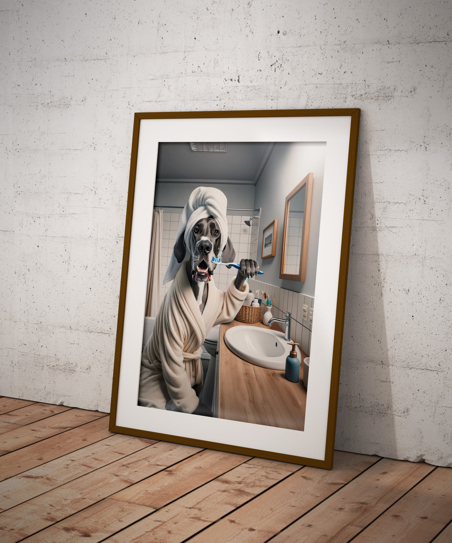 Great Dane brushing its teeth poster, dark wood frame with white mat, leaning against a whitewashed wall