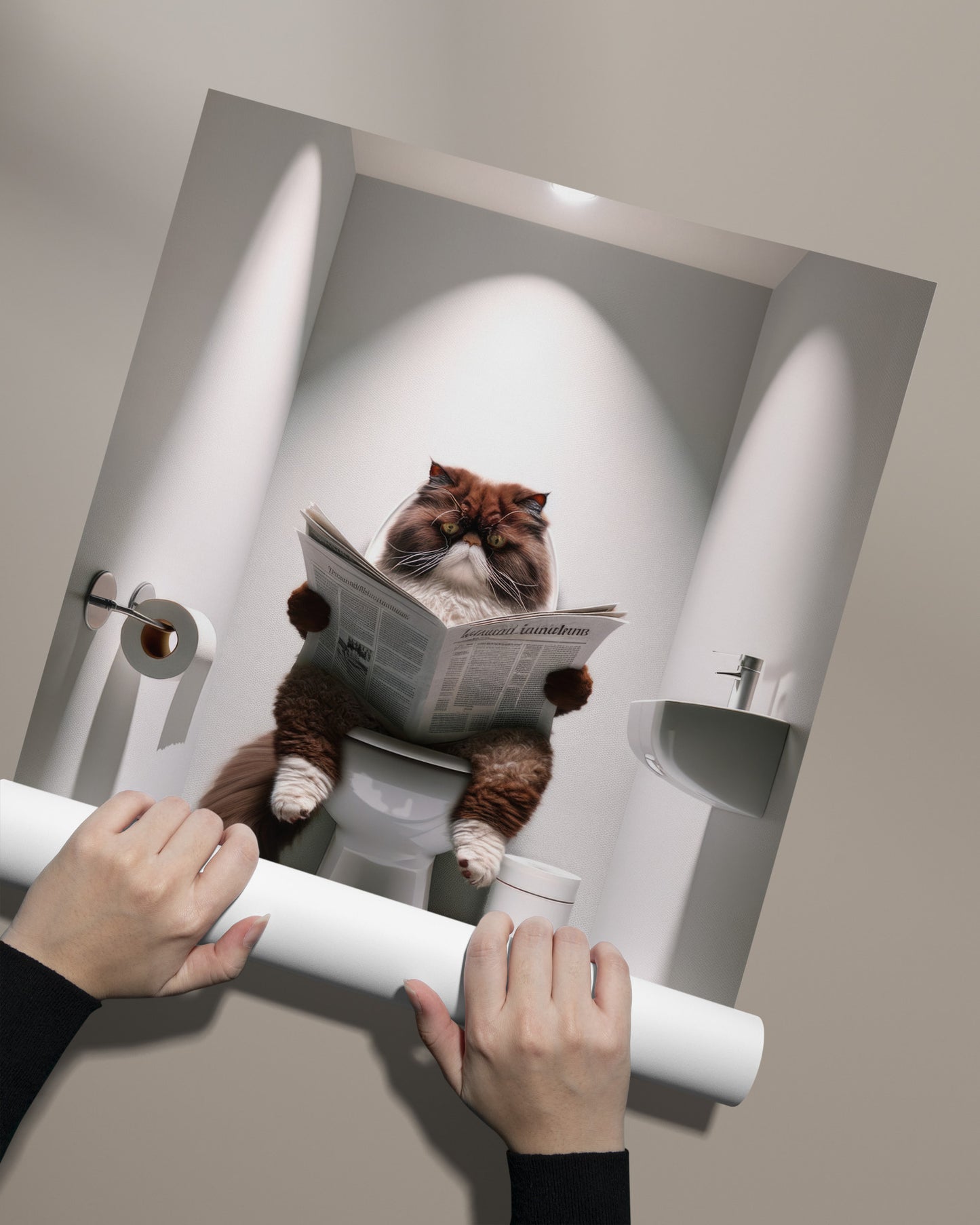 Affiche Murale Humour: Chat Persan Chocolat & Blanc lisant aux Toilettes – Déco WC & Salle de Bain, Cadeau Amusant