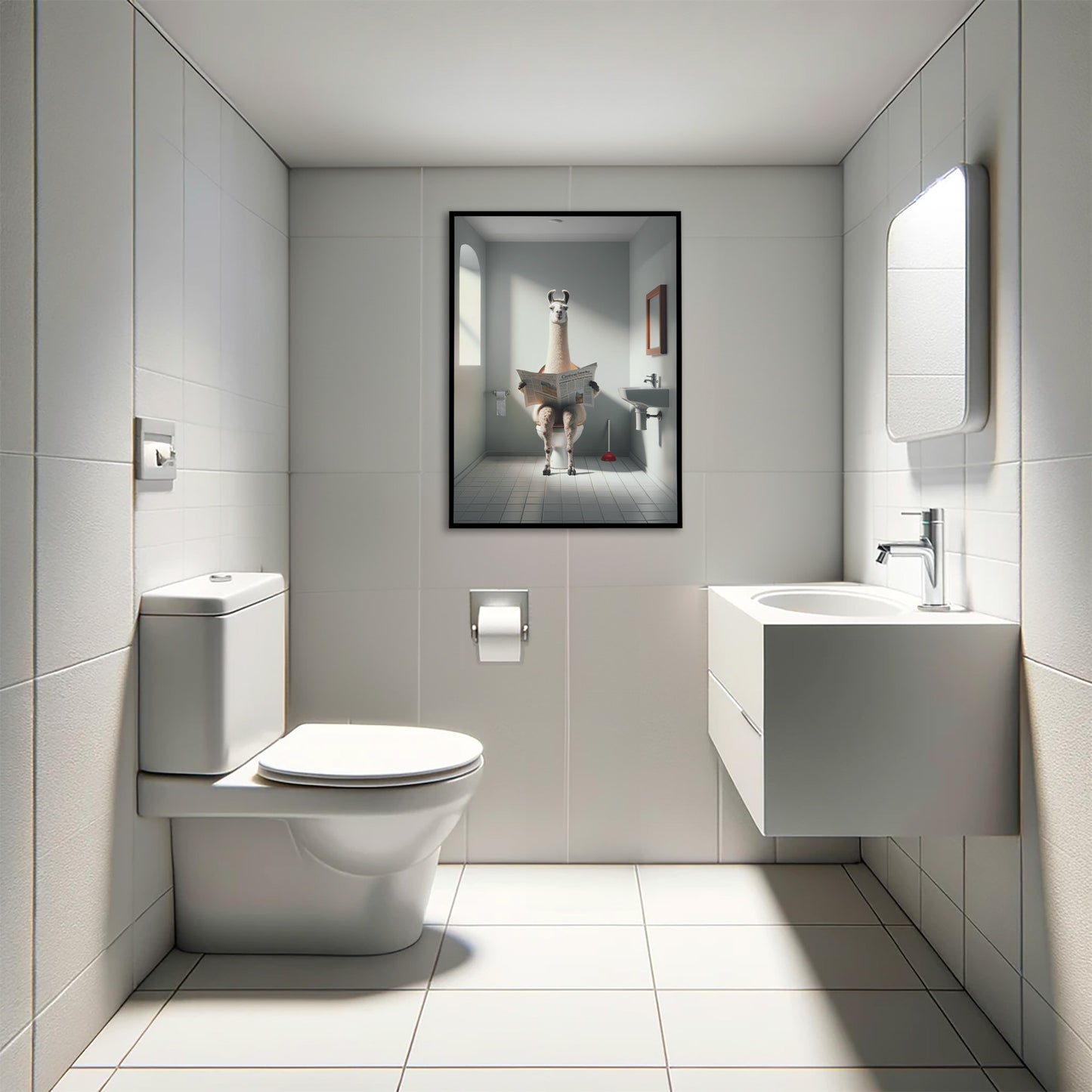 Poster lama lisant le journal en cadre noir au-dessus d'un WC suspendu, toilettes carrelées gris clair