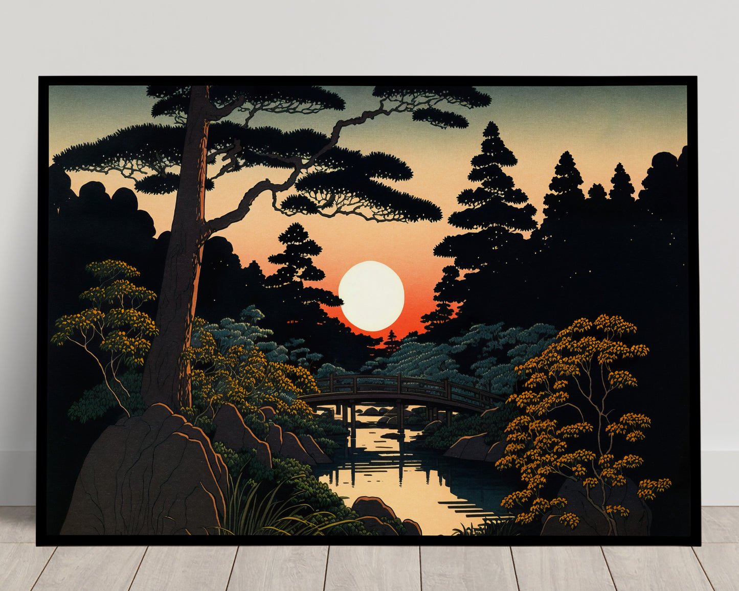 Jardin japonais au soleil couchant, pins, petit pont sur une rivière et arbustes dorés, estampe Balthazart Studio