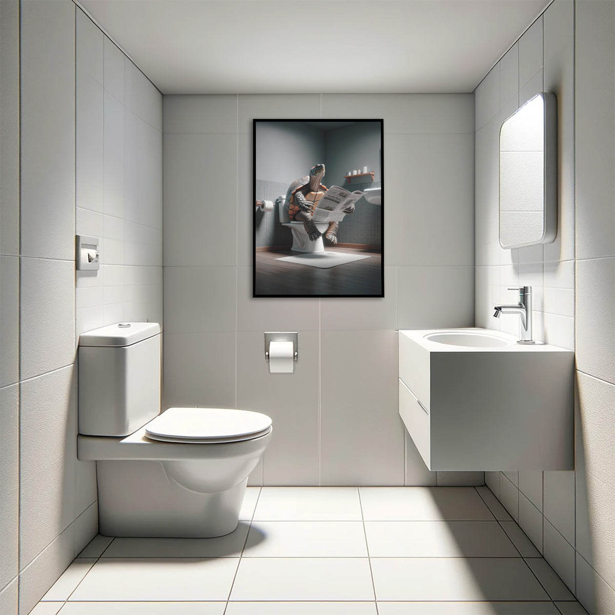 Funny turtle toilet poster in a black frame hanging in a small white-tiled restroom