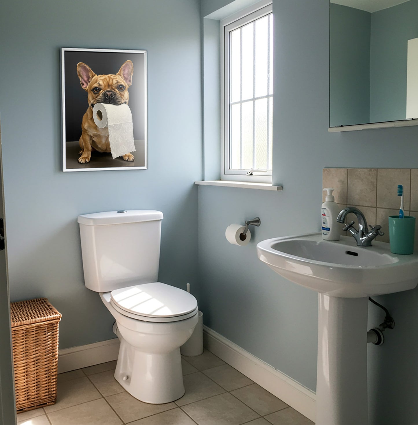 Bouledogue français fauve mordant un rouleau de papier toilette, Humour Toilettes, Poster WC, Cadeau Bulldog, Affiche encadrée, Poster