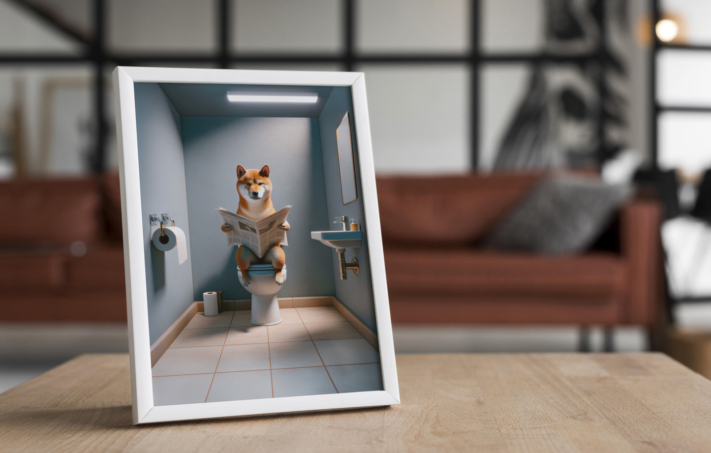 Poster Shiba Inu lisant le journal, Déco Humoristique pour WC, Cadre Salle de Bain, Idée Cadeau Chien Drôle