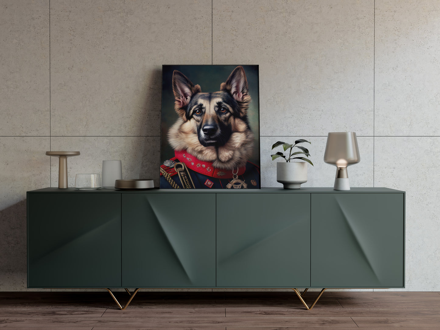 German Shepherd uniform poster resting on a dark green sideboard with a lamp and vases