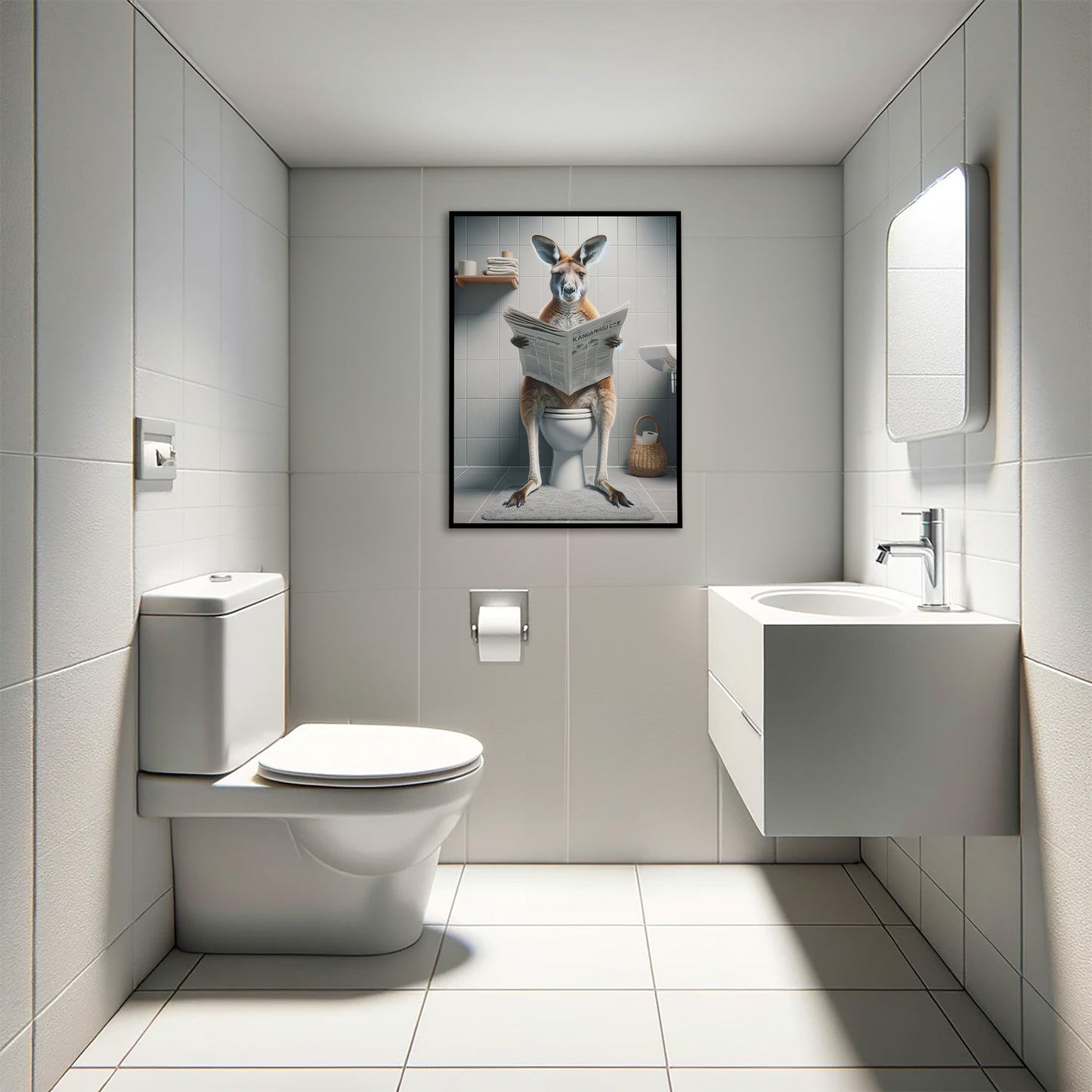 Funny kangaroo toilet poster in a black frame hanging in a small white-tiled restroom