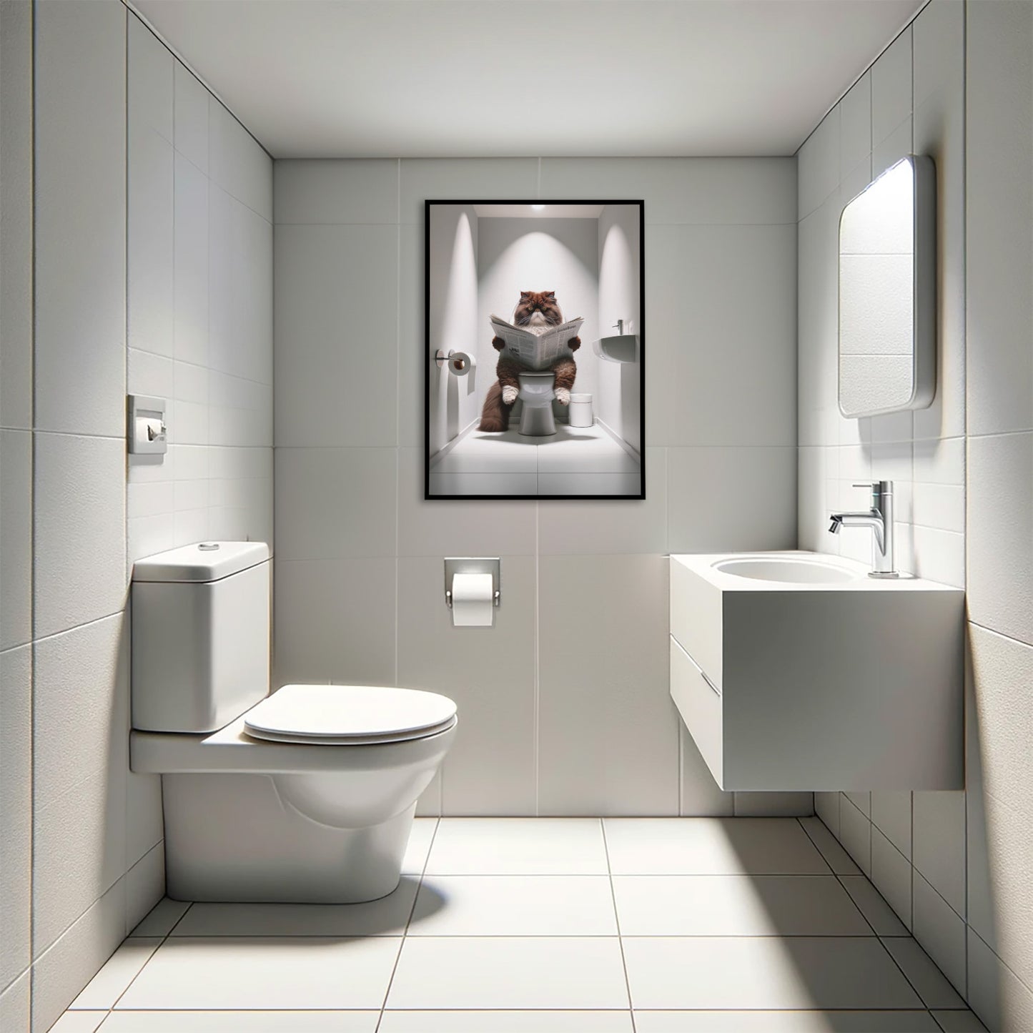 Affiche Murale Humour: Chat Persan Chocolat & Blanc lisant aux Toilettes – Déco WC & Salle de Bain, Cadeau Amusant