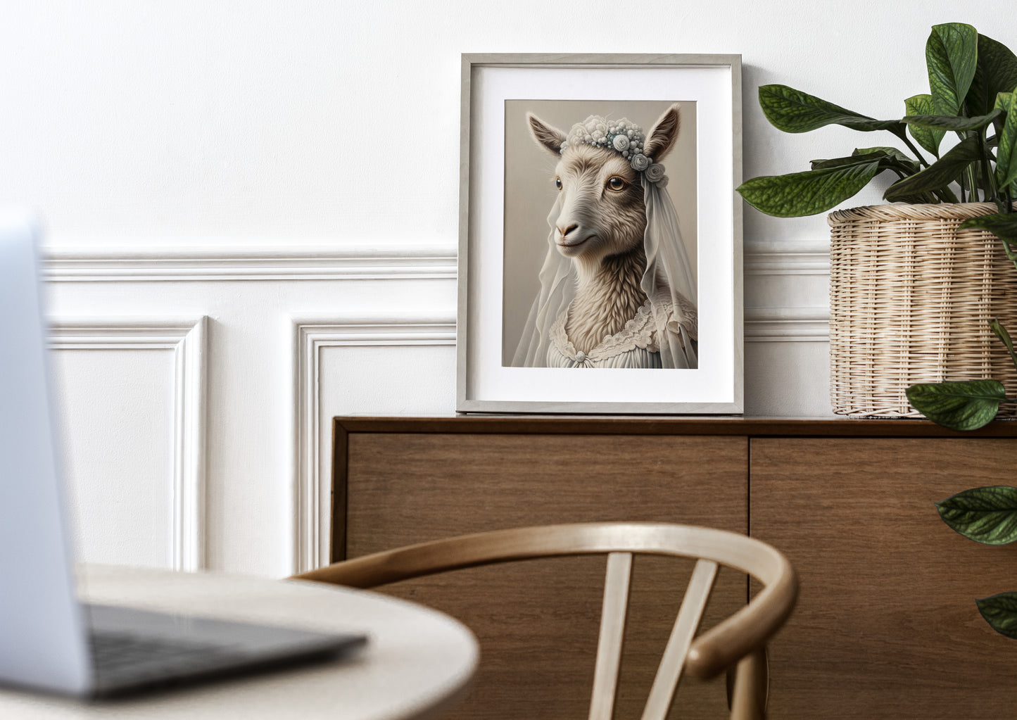 Sheep in a wedding dress print in a white frame with mat on a dark wood sideboard