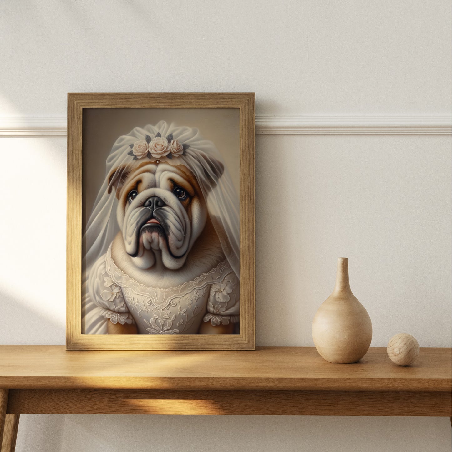Poster Mariage Bouledogue Anglais en Robe de Mariée - Affiche Murale Humour Chien - Décoration Murale Animaux