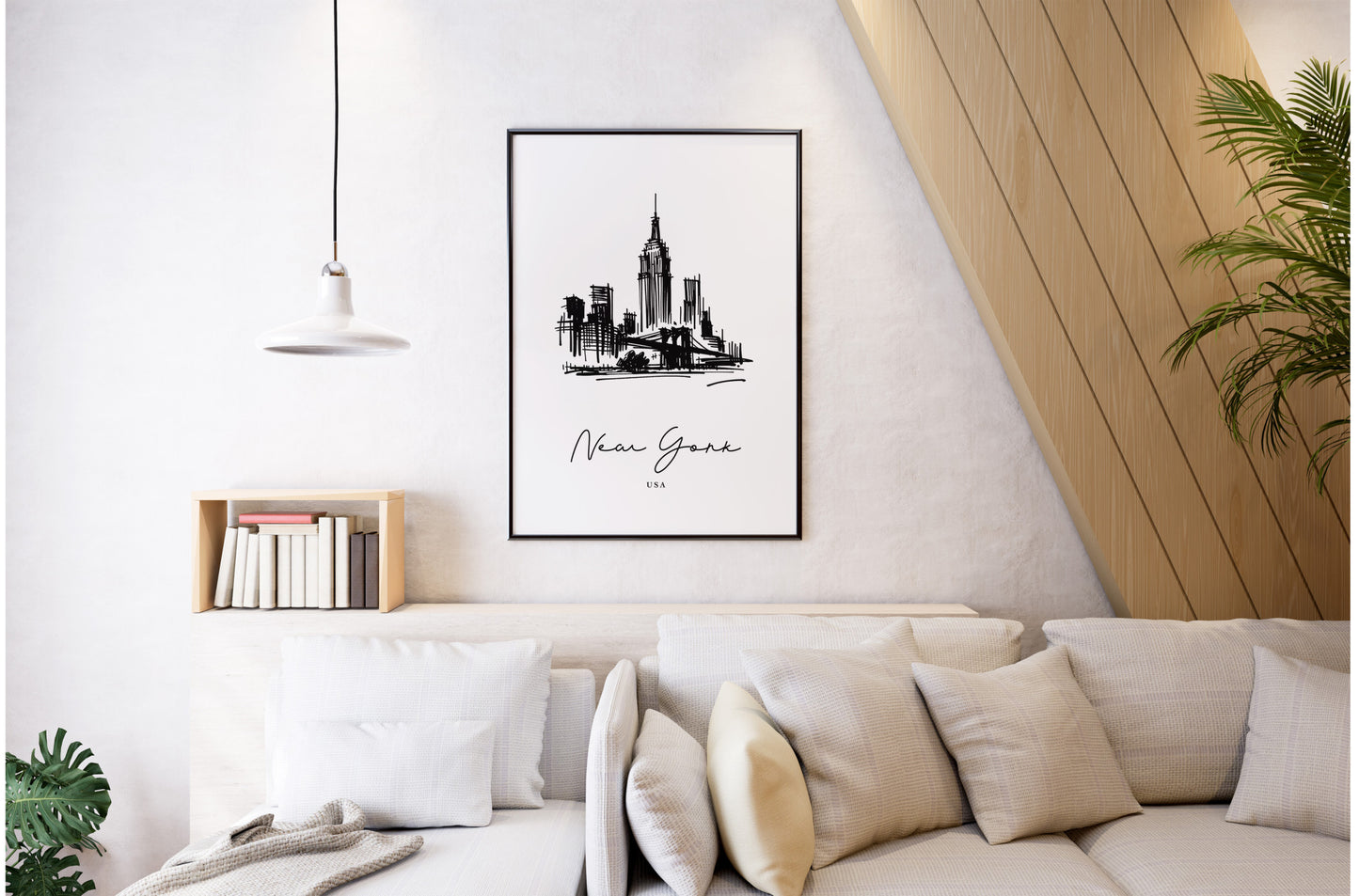 Poster paysage New York en cadre noir au-dessus d'un canapé blanc, salon clair avec suspension