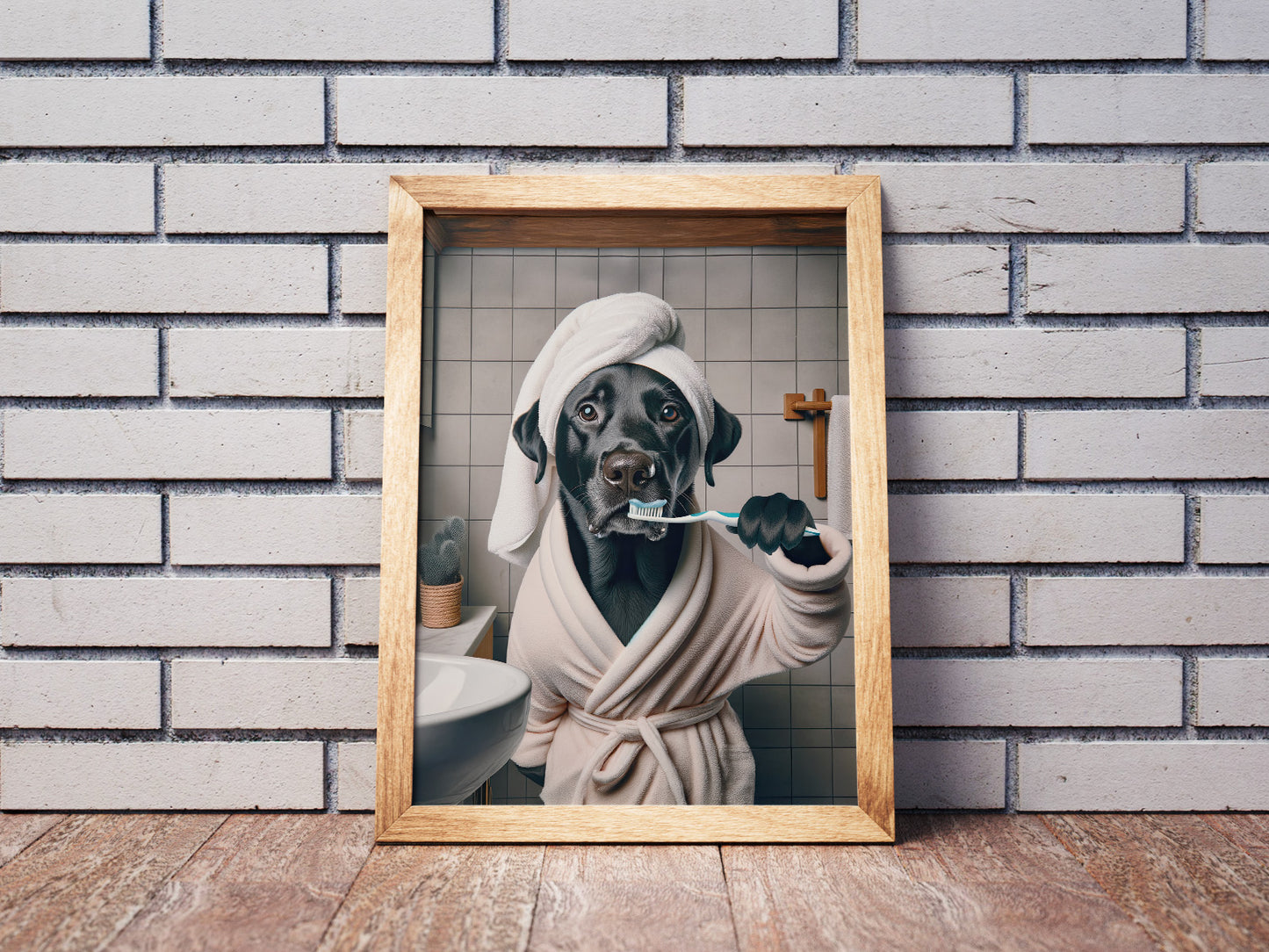 Portrait of a Black Labrador Brushing Teeth in Bathrobe – Funny Dog Bathroom Decor, Cute Poster, Labrador Frame, Gag Gift, Framed art