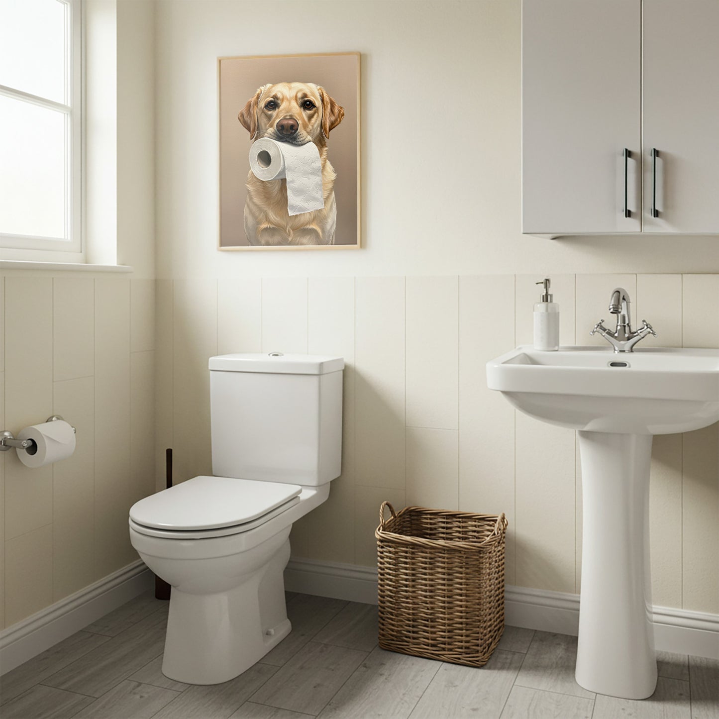 Poster Chien Labrador Sable Humour pour WC – Affiche Murale Décorative, Idée Cadeau Toilette, Encadrée ou Non, Art Mural Canin