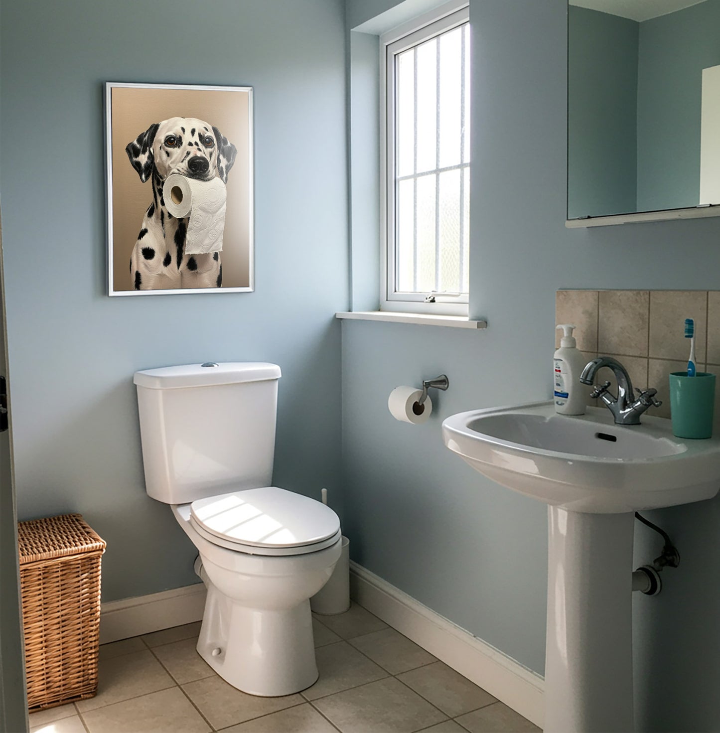 Poster WC Dalmatien mordant rouleau papier toilette - Humour, décoration toilettes, cadeau chien, affiche encadrée murale